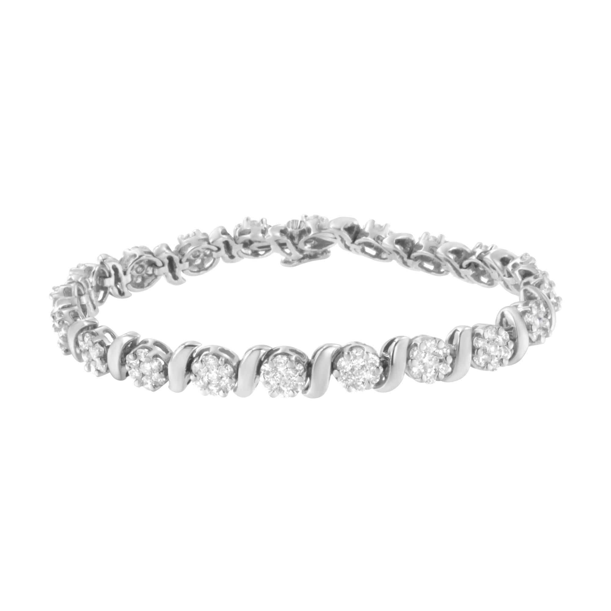 14K White Gold 5 1/4 cttw Diamond S-Link Floral Cluster Tennis Bracelet (I-J Clarity, SI2-I1 Color) - Size 7"-0