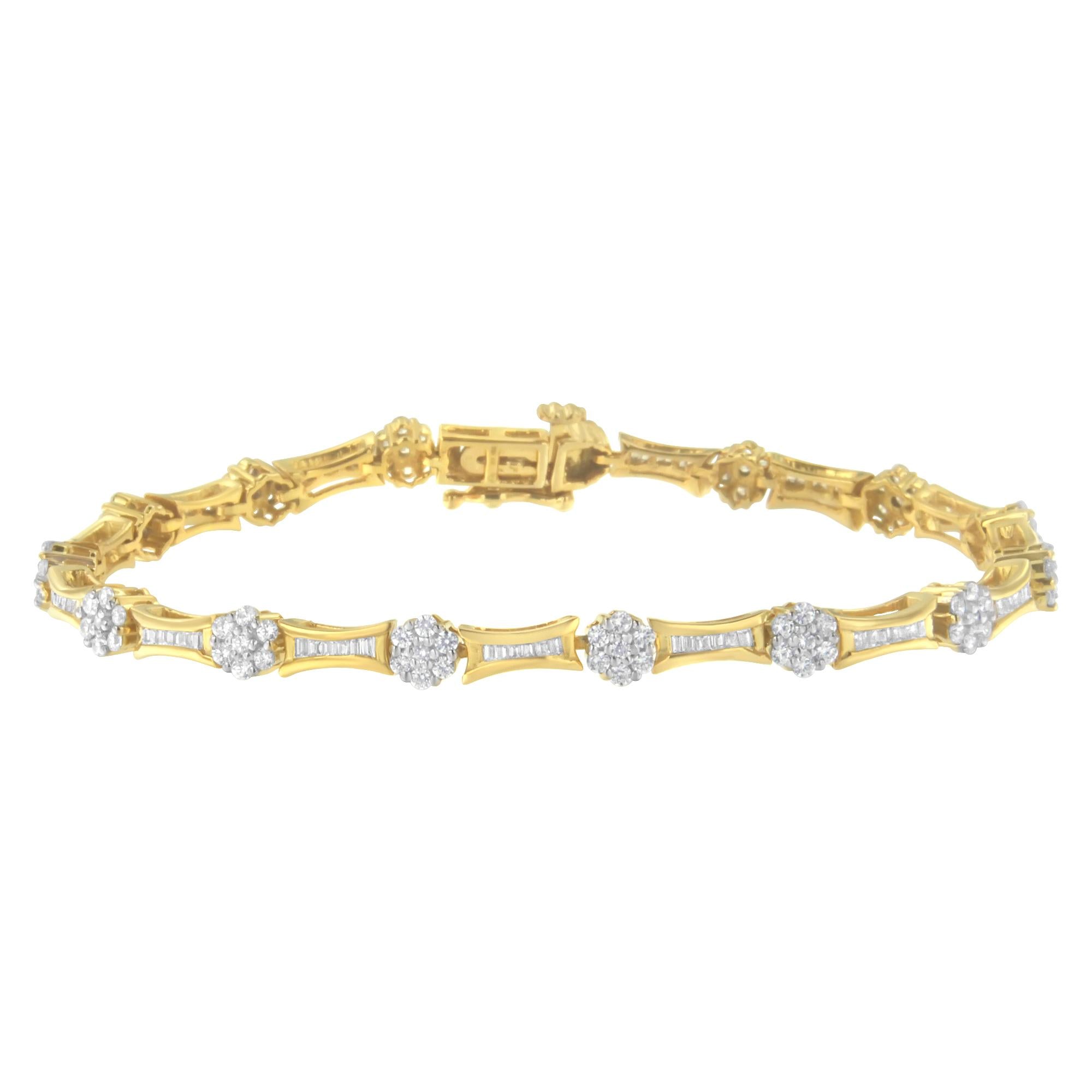 10K Yellow and White Gold 2.00 cttw Round and Baguette-Cut Diamond Link Bracelet (I-J Color, I2-I3 Clarity) - Size 7.25"-0