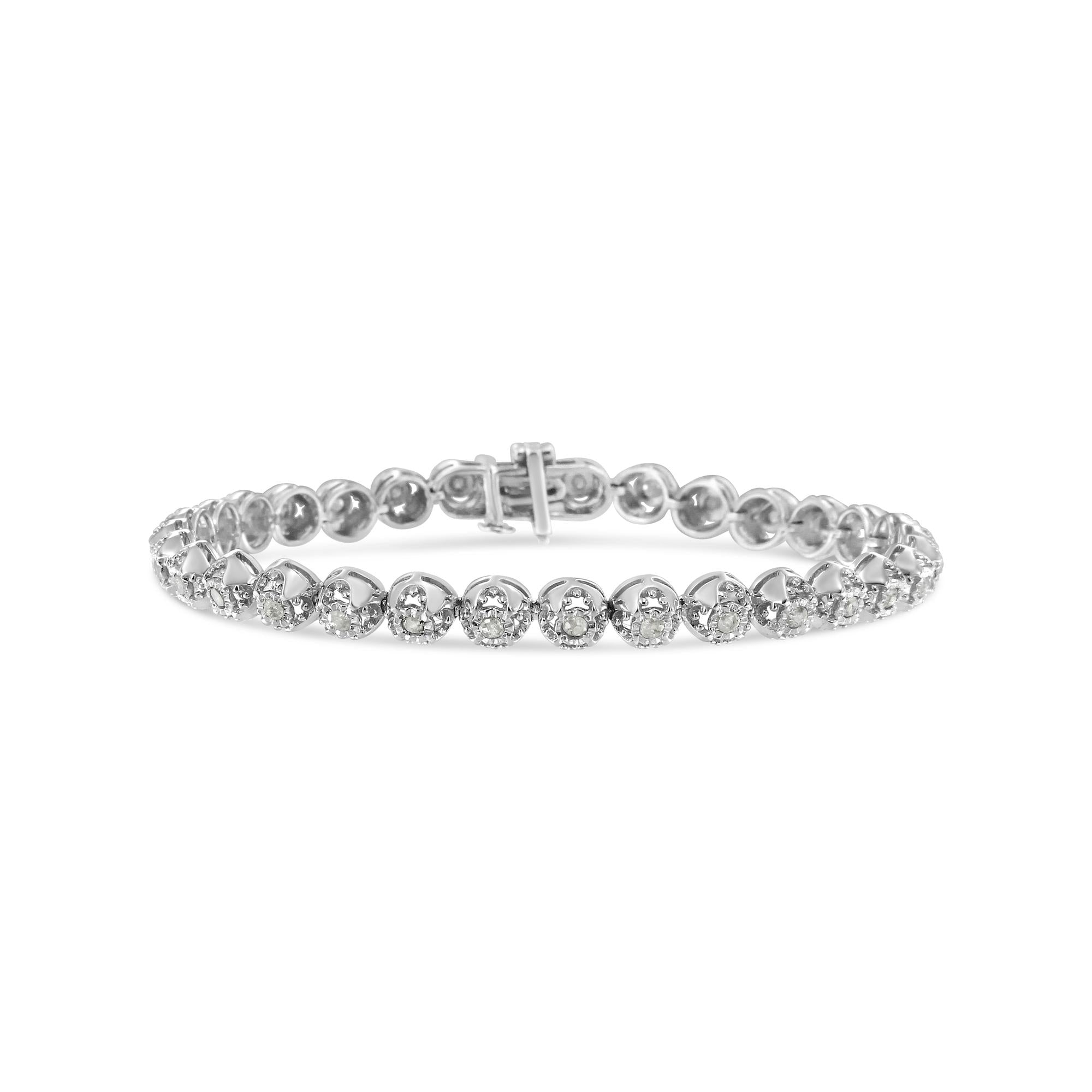 .925 Sterling Silver 1.0 Cttw Diamond Miracle-Plate Open Quatrefoil Flower Circle-Link 7" Tennis Bracelet (I-J color, I3 clarity)-0