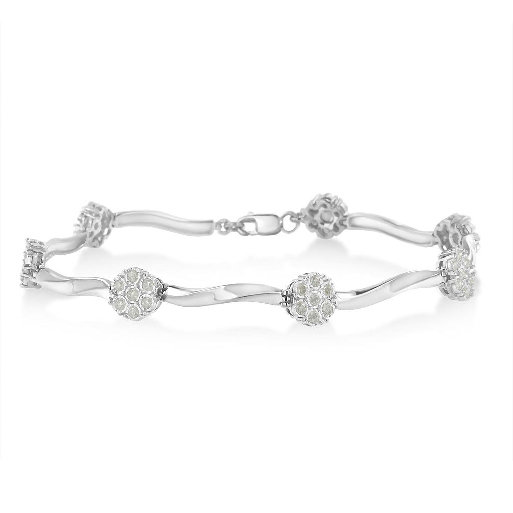 .925 Sterling Silver 1.0 cttw Miracle-Set Diamond 7 Stone Floral Cluster Link Bracelet (I-J Color, I3 Clarity) -7"-0