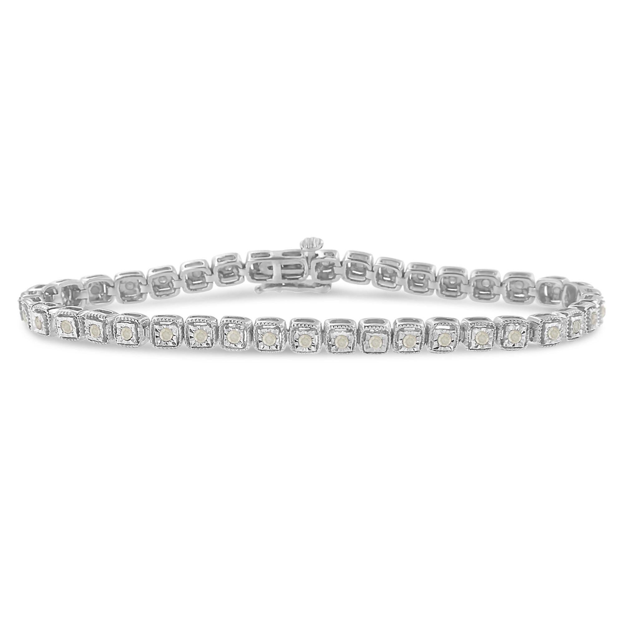 .925 Sterling Silver 1.0 Cttw Diamond Miracle-Set Square Milgrain 7" Link Tennis Bracelet (I-J Color, I3 Clarity)-0