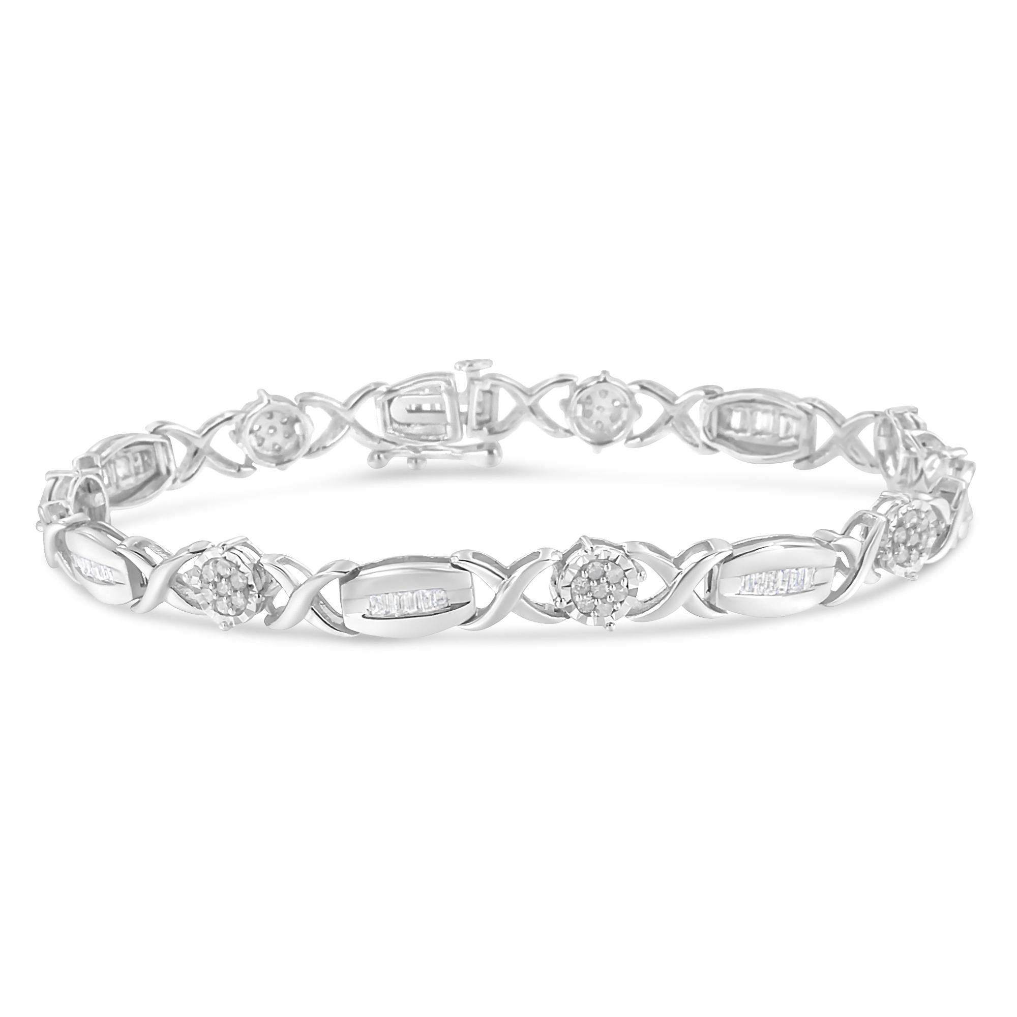 .925 Sterling Silver 1.0 Cttw Round-Cut and Baguette-Cut Diamond X-Link Bracelet (I-J Color, I1-I2 Clarity) - 7"-0