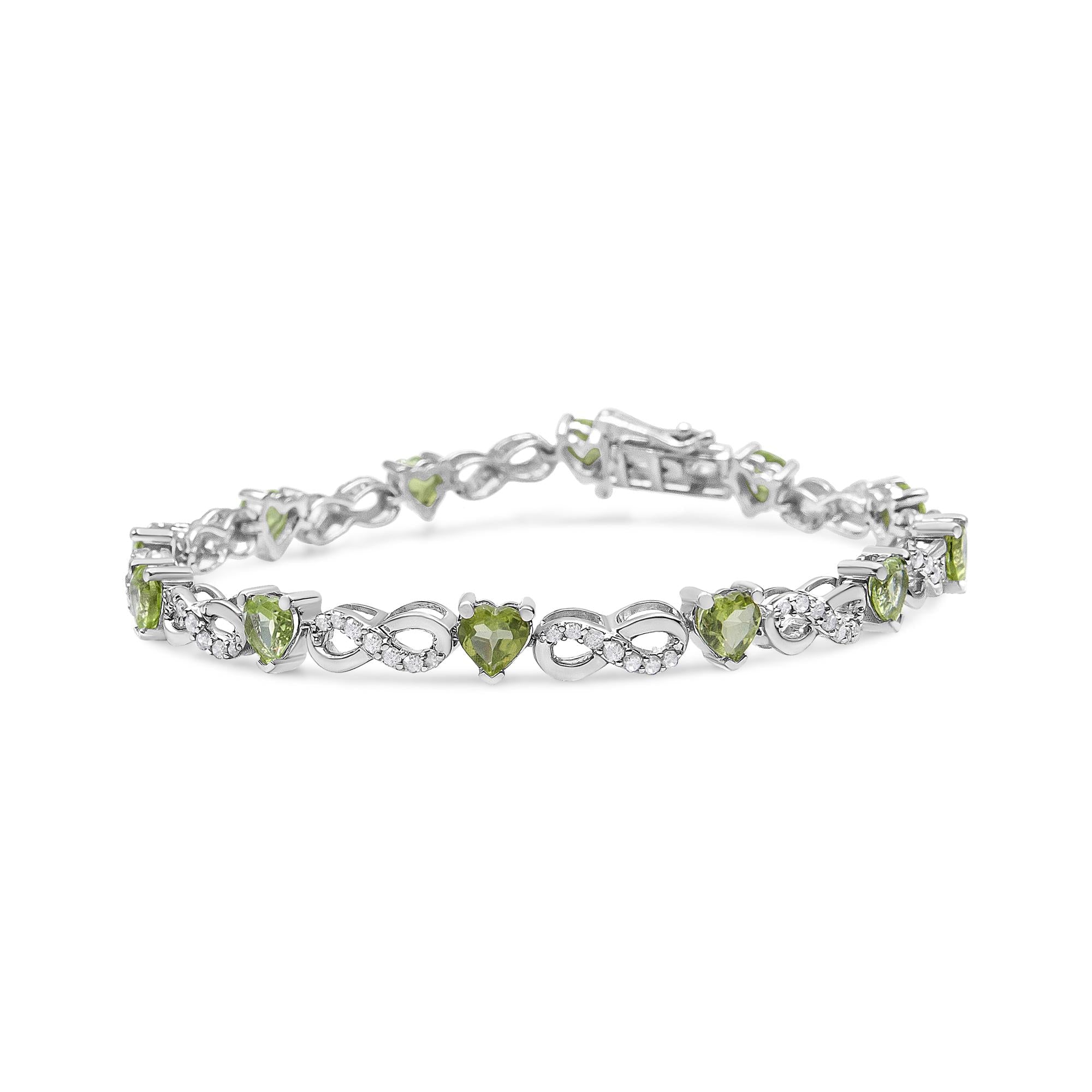 .925 Sterling Silver 1.00 Cttw Diamond and 4.00mm Lab Created Green Heart-Shaped Peridot Infinity Link Bracelet (I-J Color, I2-I3 Clarity) - 7.25"-0