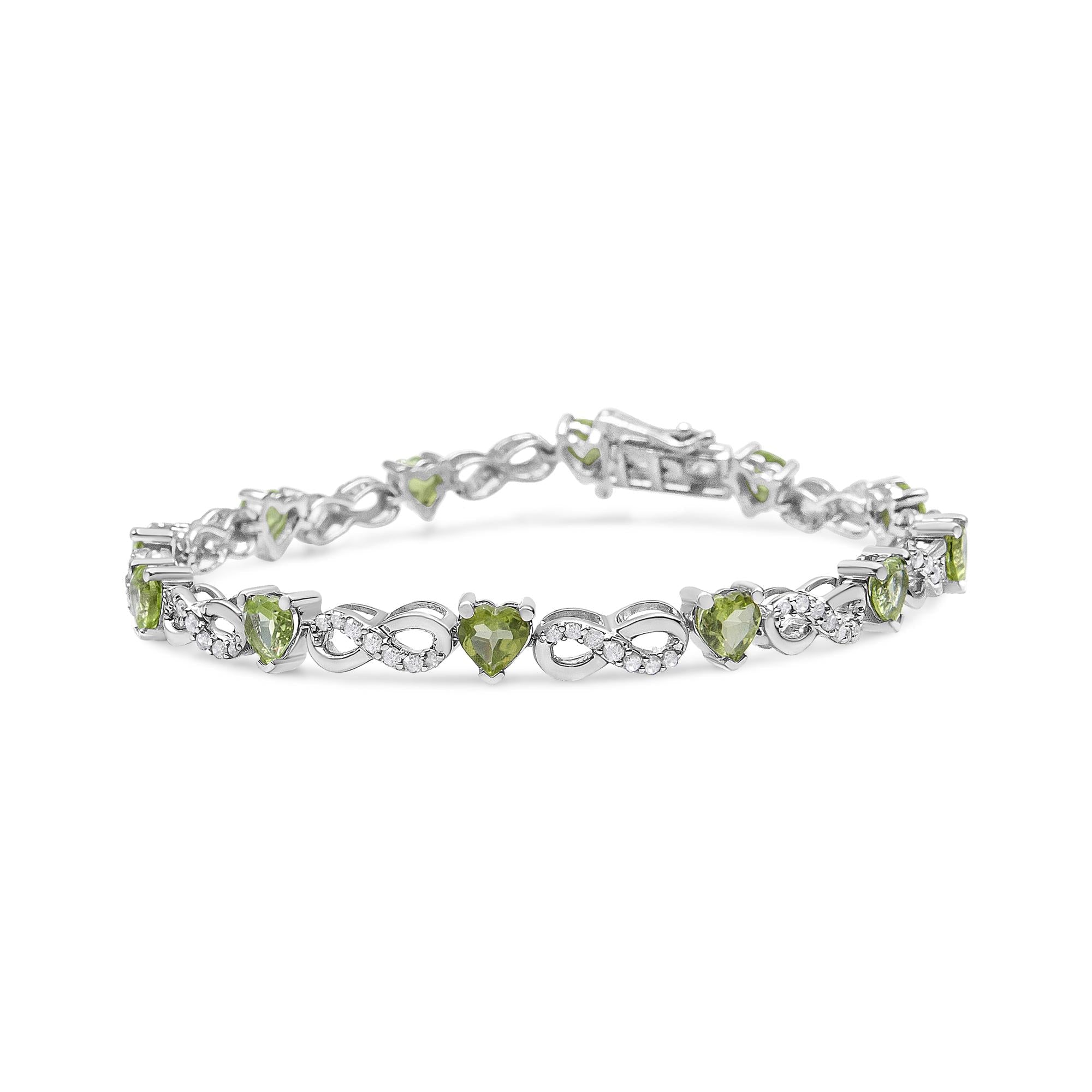 .925 Sterling Silver 1.00 Cttw Diamond and 4.00mm Lab Created Green Heart-Shaped Peridot Infinity Link Bracelet (I-J Color, I2-I3 Clarity) - 7.25"-1