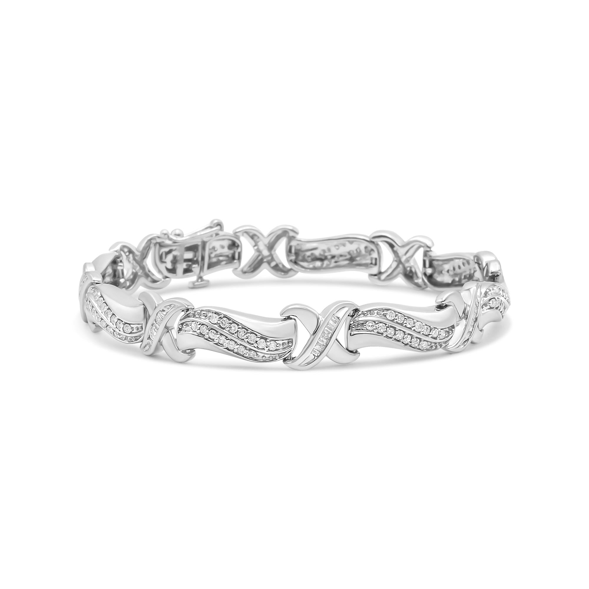 .925 Sterling Silver 1 3/4 Cttw Diamond Wave and X Link Tennis Bracelet (I-J Color, I3 Clarity) - 7"-0