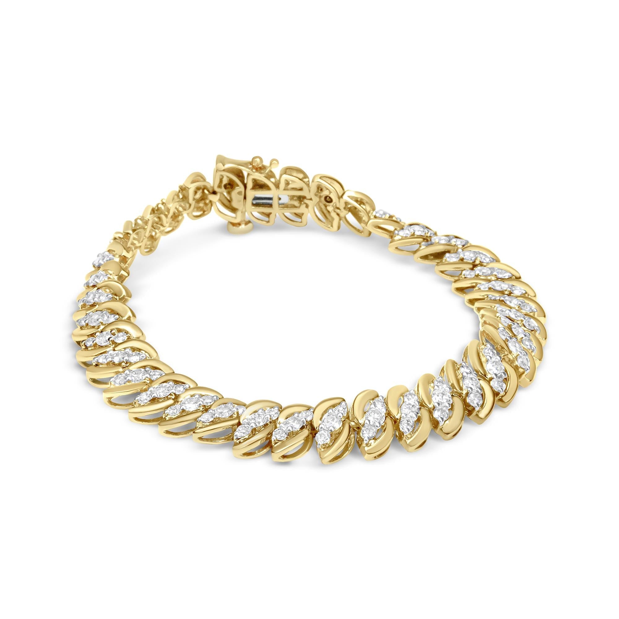 10K Yellow Gold 5.0 Cttw Diamond Double Row S-Link Cuban Bracelet (J-K Color, I2-I3 Clarity) - 7.25" Inches-0