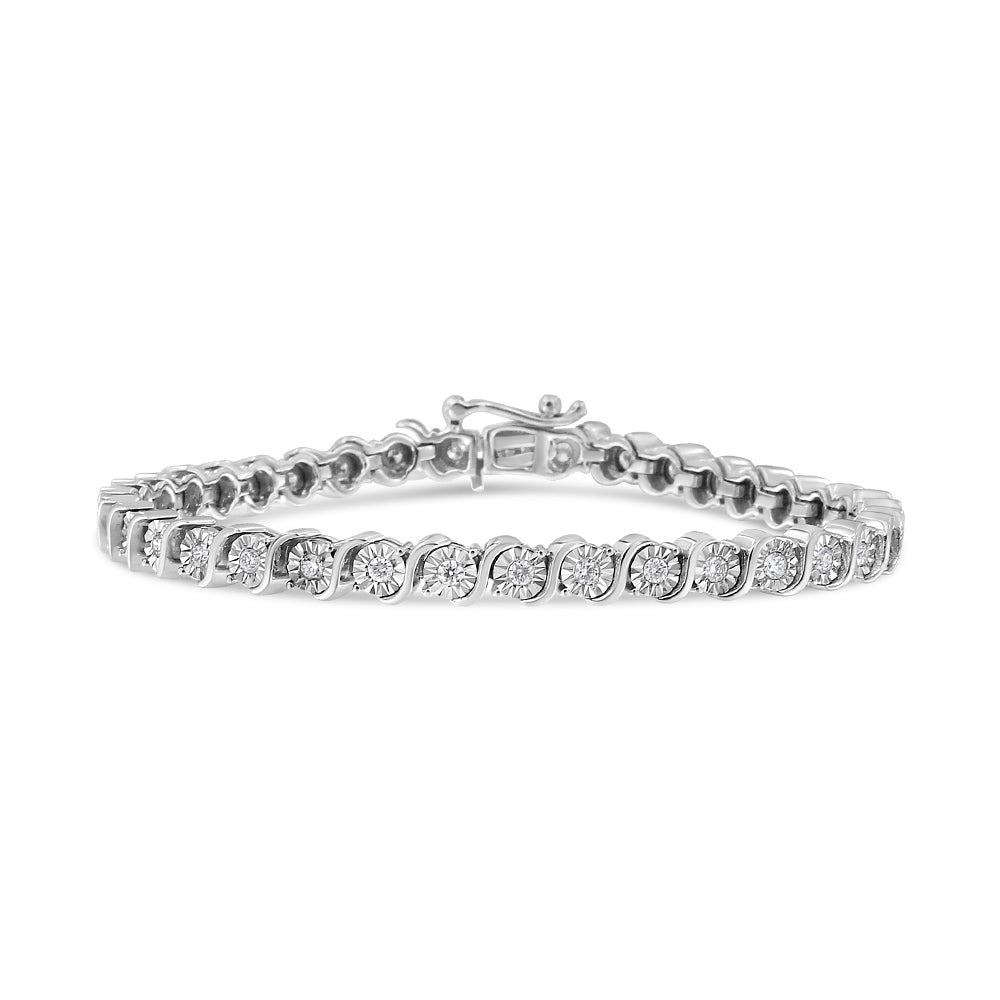 14K White Gold 1.00 Cttw Lab Grown Diamond Round Miracle Plate and "S" Link Tennis Bracelet (F-G Color, VS2-SI1 Clarity) Size 7"-0