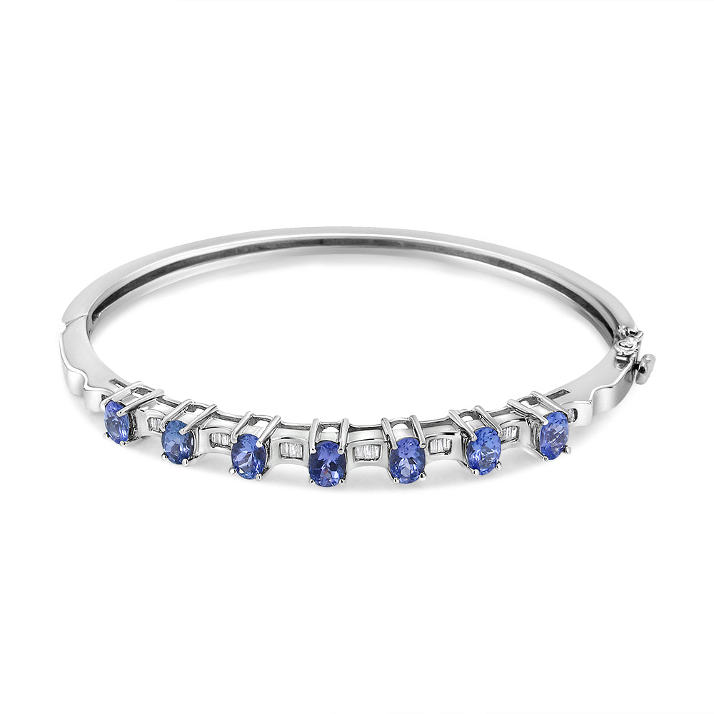 14K White Gold 5 MM Oval Blue Tanzanite and 1/4 Cttw Diamond Bangle (H-I Color, VS2-SI1 Clarity) - Fits wrists up to 7 1/2 Inches-0