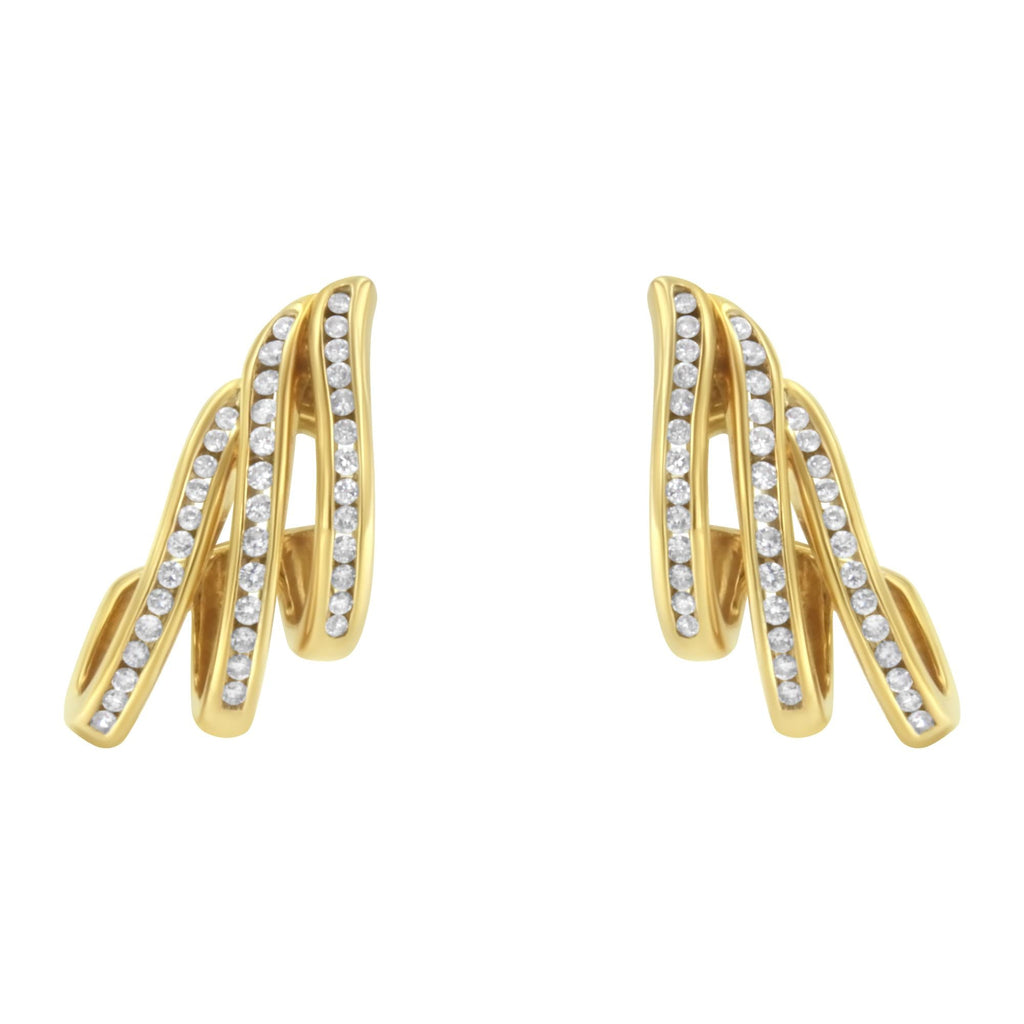 10K Yellow Gold 1.0 Cttw Round Brilliant Cut Diamond Spiral Multi Row Channel Set Open Hoop Pushback Stud Earrings (H-I Color, I1-I2 Clarity)-0