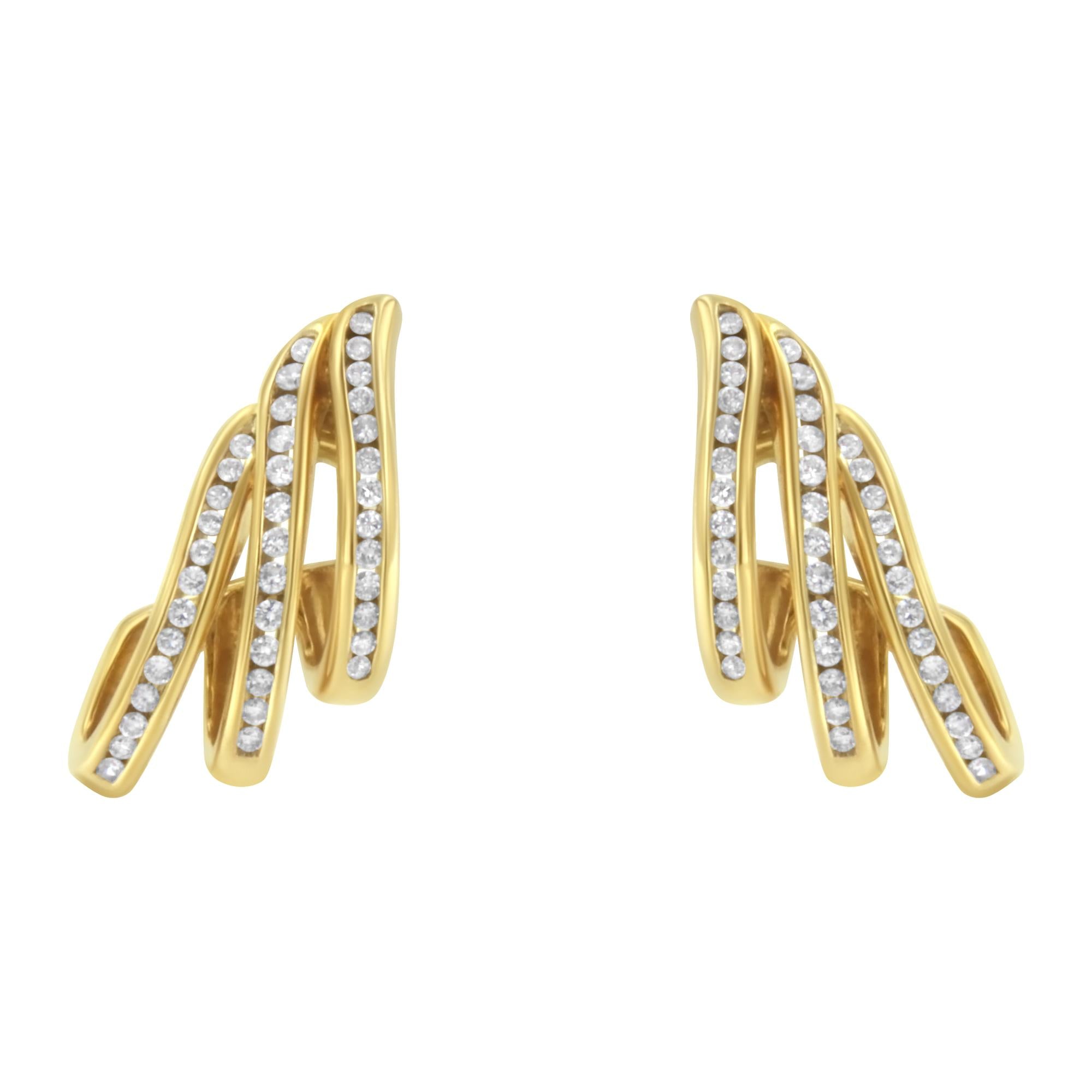 10K Yellow Gold 1.0 Cttw Round Brilliant Cut Diamond Spiral Multi Row Channel Set Open Hoop Pushback Stud Earrings (H-I Color, I1-I2 Clarity)-0