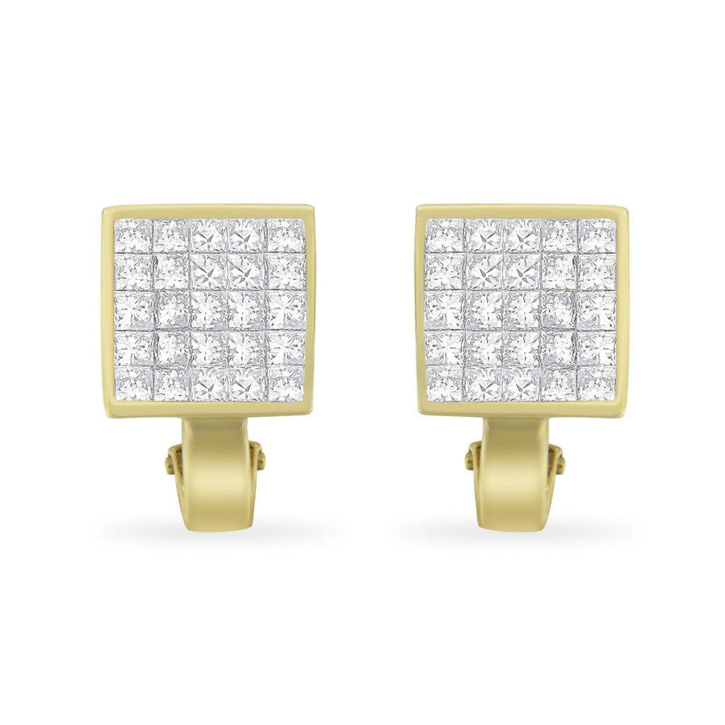 14K Yellow Gold 3-1/5 Cttw Princess Cut Diamond ¾ Square Invisible Set Grid Huggy Style Omega Back Stud Earrings (G-H Color, VS1-VS2 Clarity)-0
