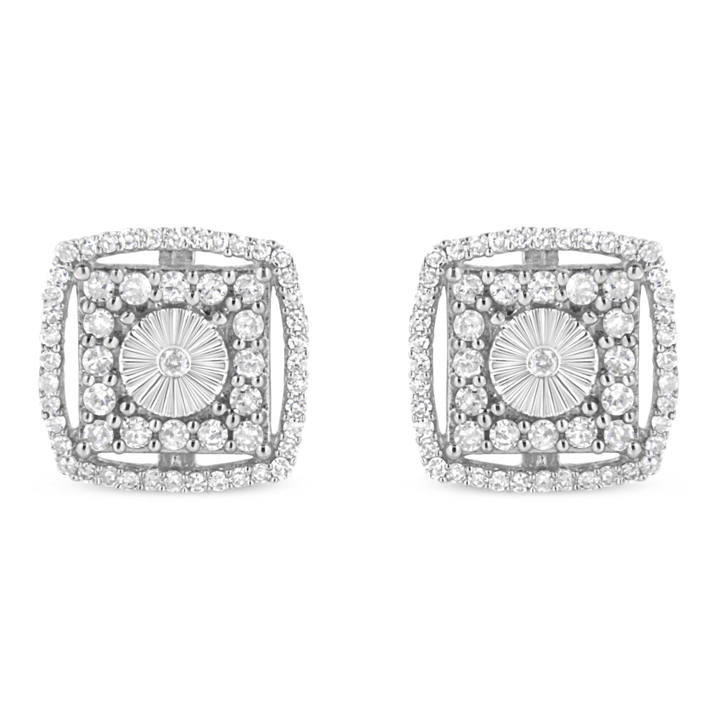 .925 Sterling Silver 1.0 Cttw Round Diamond Double Halo and Disc Stud Earring (I-J Color, I2-I3 Clarity)-0