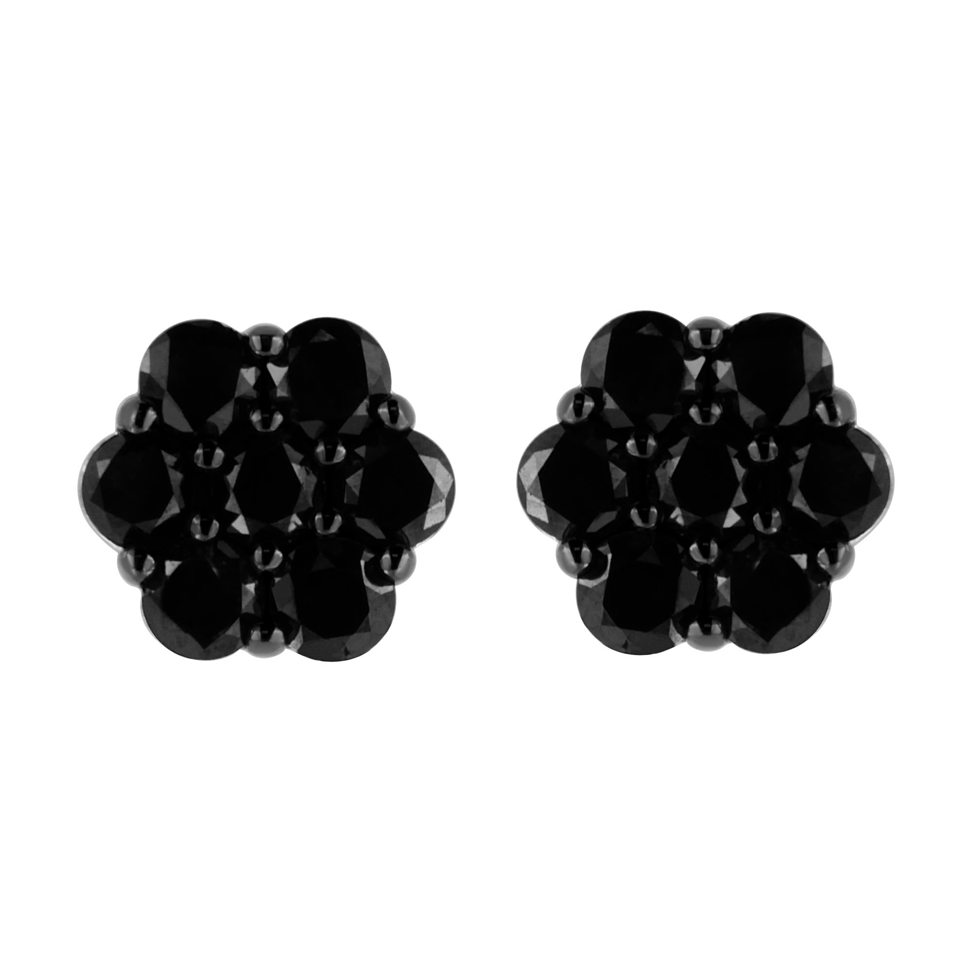 .925 Sterling Silver  Prong Set Round-Cut Treated Colored Diamond Floral Cluster Stud Earring - Choice of Diamond Colors and Total Weights-1