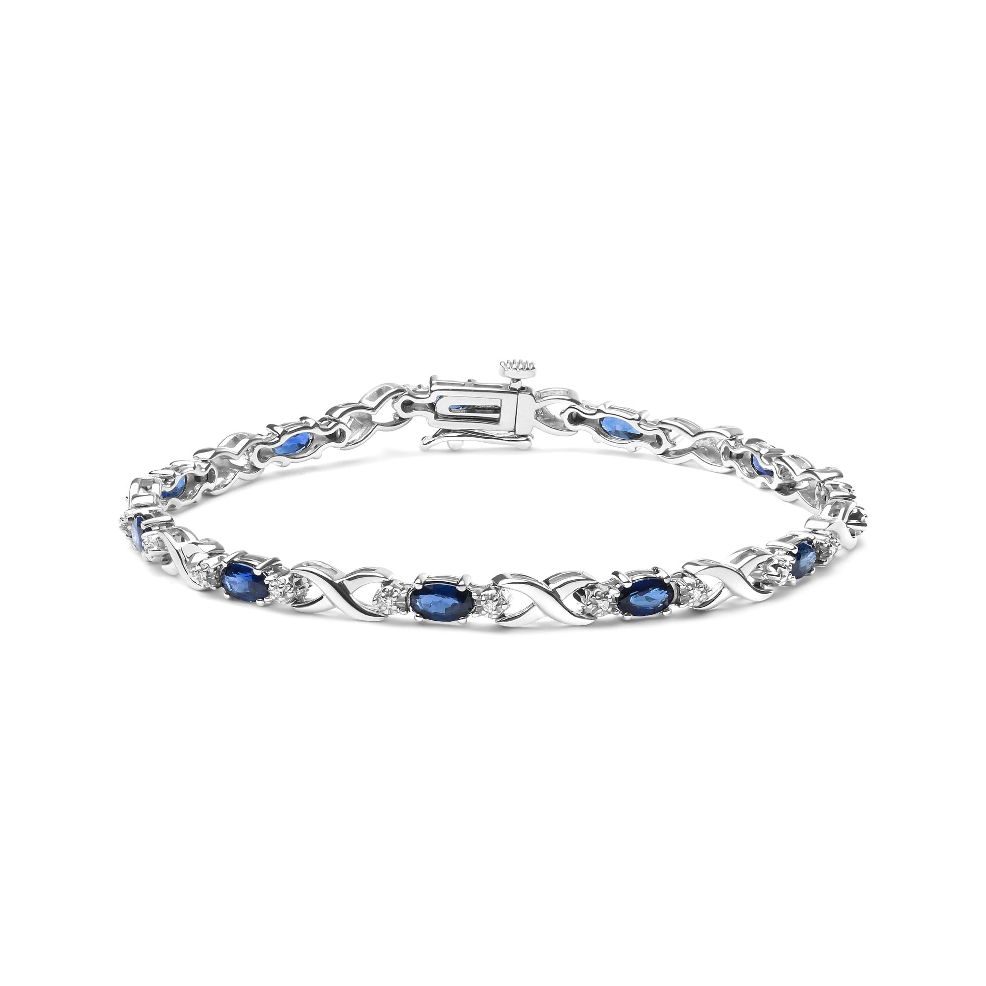 10K White Gold 5x4mm Oval Sapphire Gemstone and 1/10 Cttw Diamond Prong Set "X" Link Bracelet - Size 7" (H-I Color, SI1-SI2 Clarity)-0