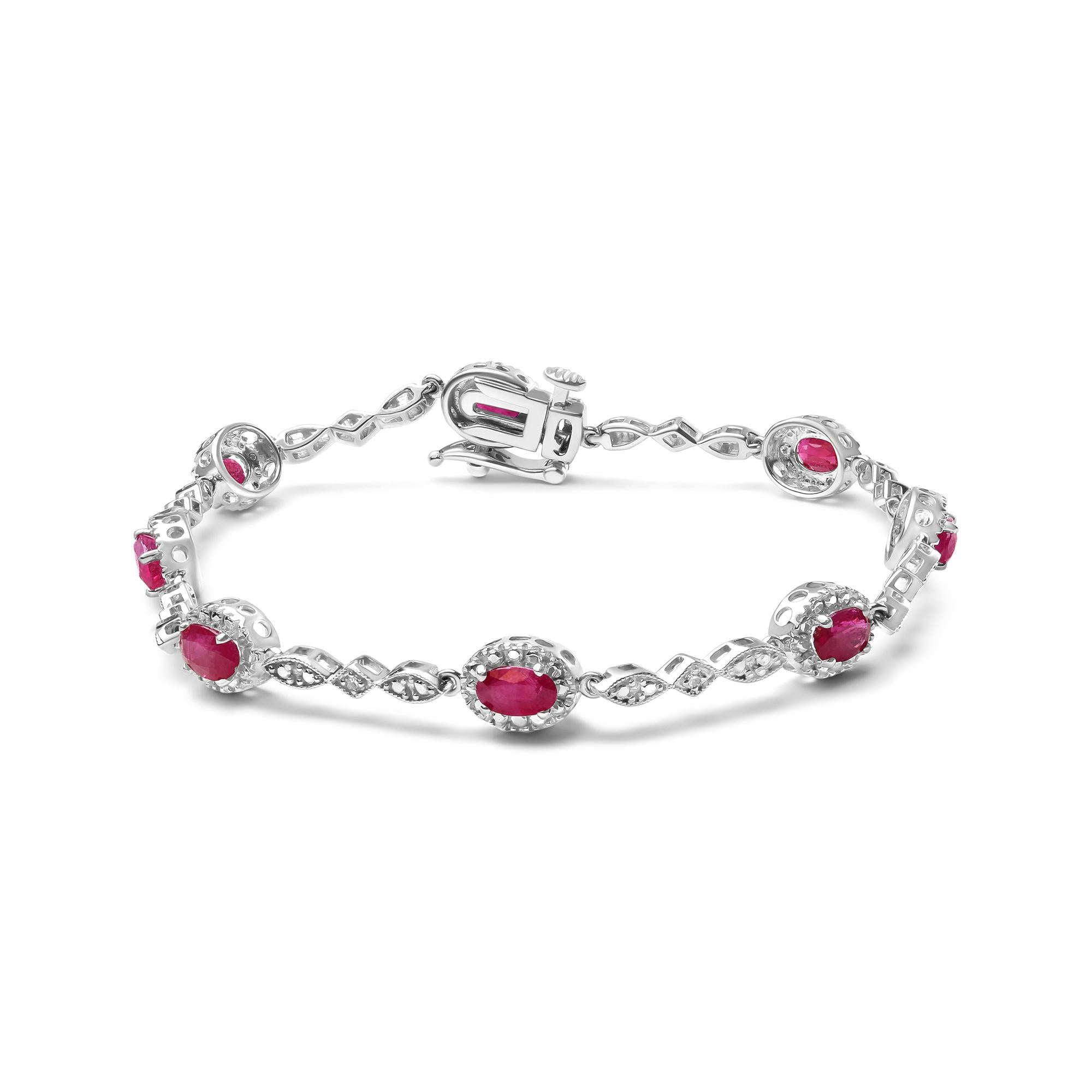 10K White Gold 4.5mm x 3mm Oval Ruby and Diamond Link Bracelet (H-I Color, SI1-SI2 Clarity)  - Size 7"-0