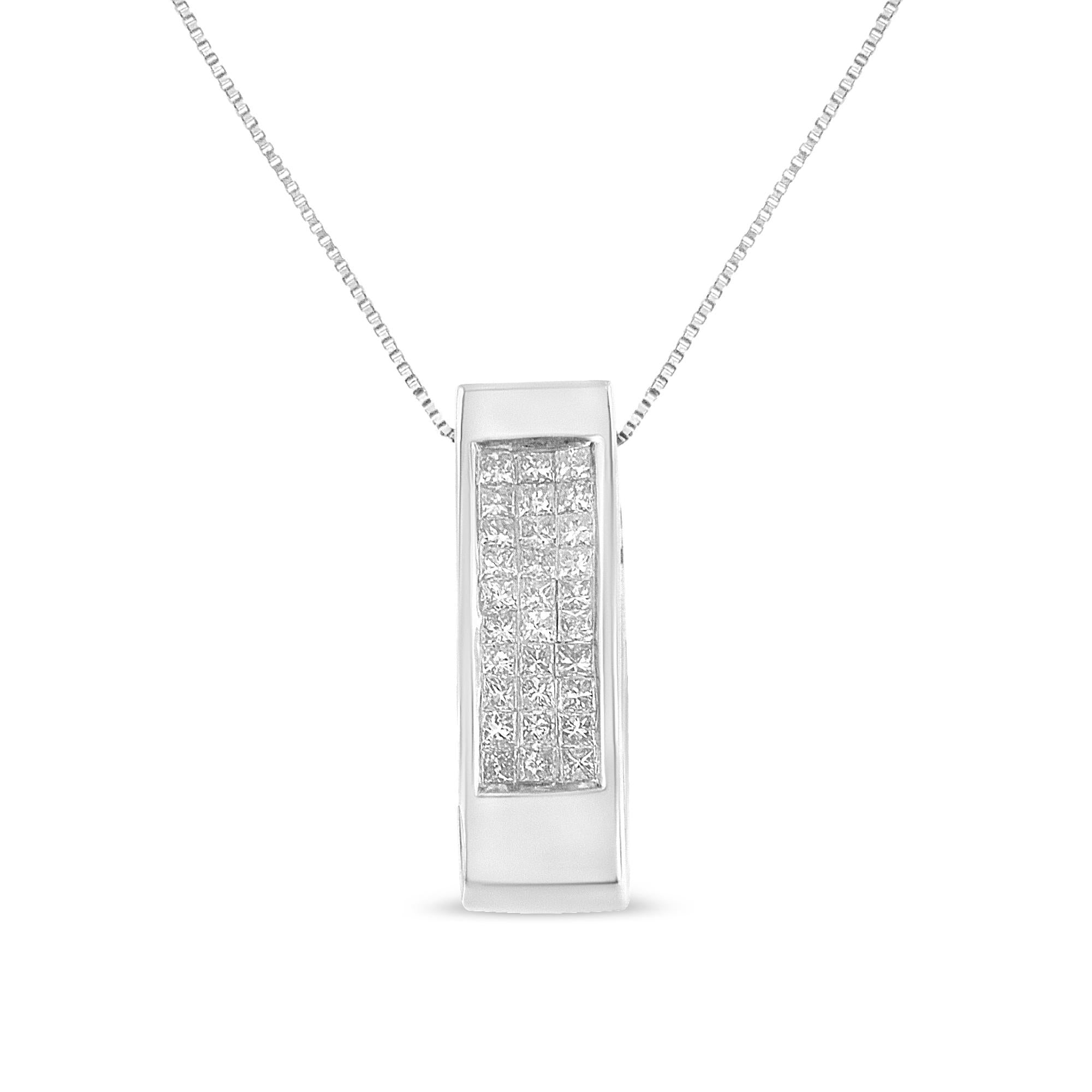 14K Gold 1/2 Cttw Invisible Set Princess Cut Diamond Vertical Bar Block Pendant 18" Necklace (H-I Color, SI2-I1 Clarity)-0