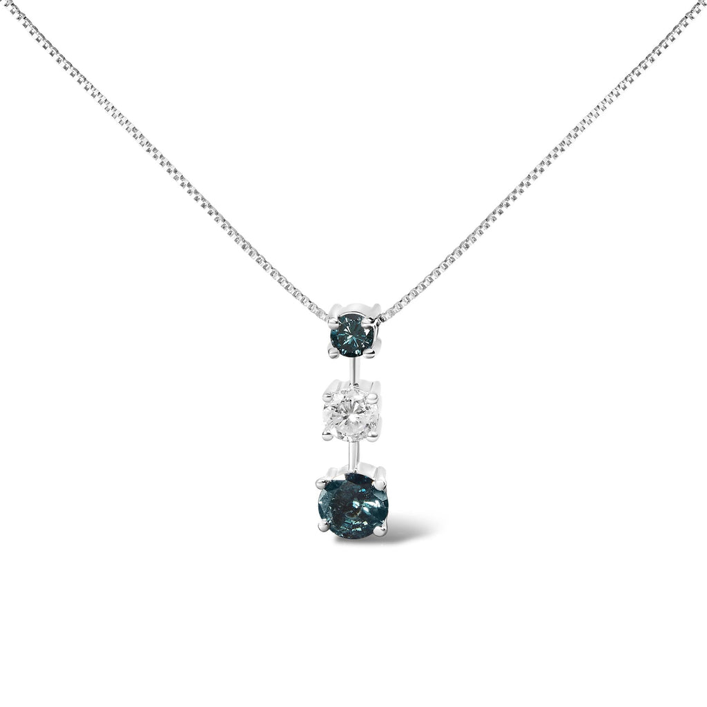 14K White Gold 1 1/2 Cttw Treated Blue and White Diamond 3-Stone 18" Pendant Necklace (Blue/H-I Color, I1-I2 Clarity)-0