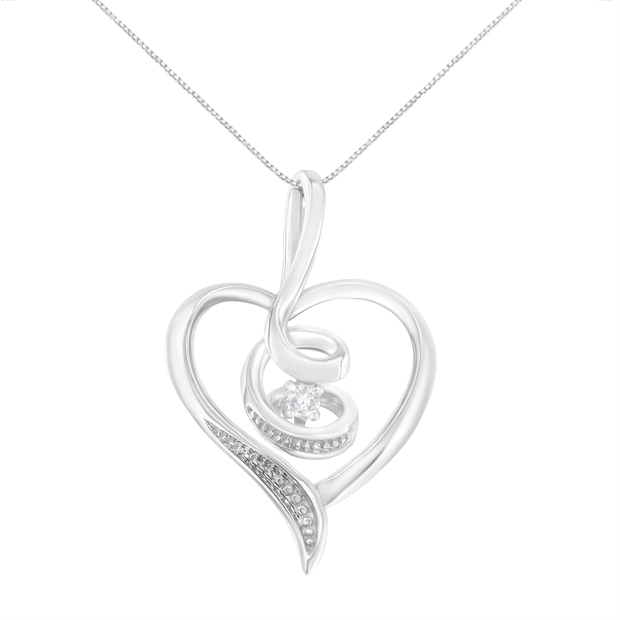 Espira 10K White Gold .03 Cttw Diamond-Accented Round-Cut Diamond Swirl Open Heart 18" Pendant Necklace (I-J Color, I2-I3 Clarity)-0