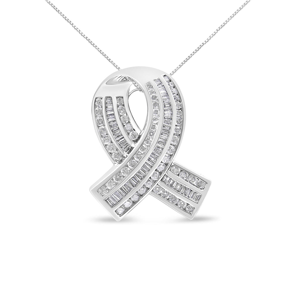 14K White Gold 2 5/8 Cttw Channel Set Round and Baguette Diamond Awareness Ribbon Pendant (H-I Color, I1-I2 Clarity) - Chain Not Included-0