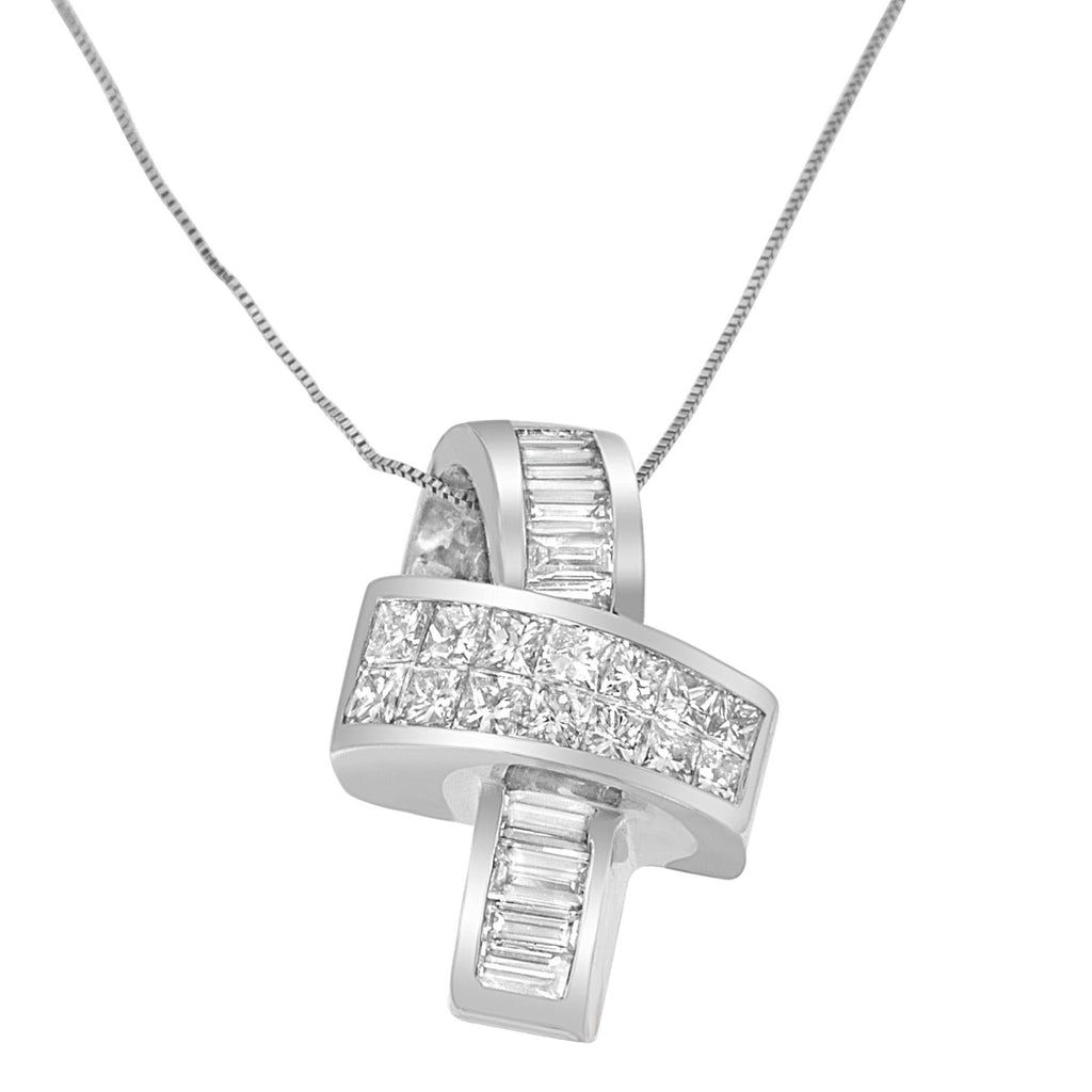 14K White Gold 2 cttw Princess and Baguette Cut Diamond Ribbon Pendant Necklace (H-I, SI-SI2)-0