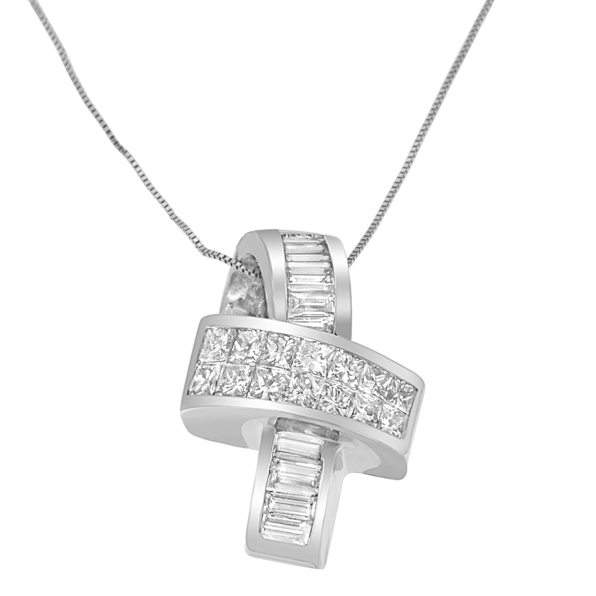 14K White Gold 2 cttw Princess and Baguette Cut Diamond Ribbon Pendant Necklace (H-I, SI-SI2)-0