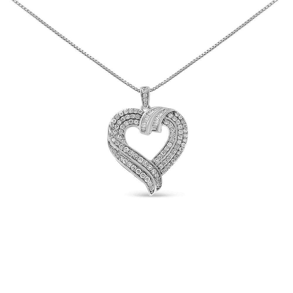 .925 Sterling Silver 1.00 Cttw Baguette Diamond Composite Open Heart 18" Inch Pendant Necklace (I-J Color, I1-I2 Clarity)-0
