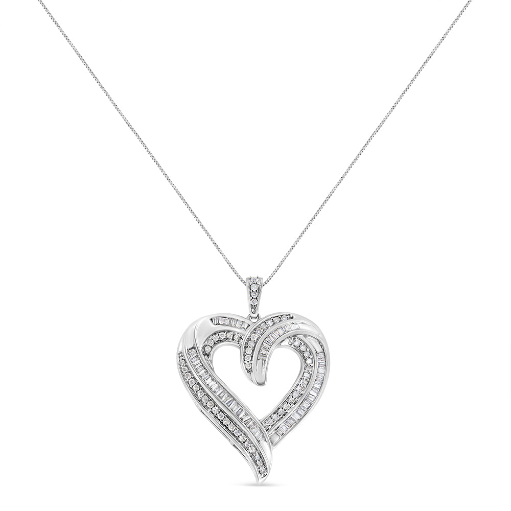 .925 Sterling Silver 3/4 Cttw Round and Baguette-Cut Diamond Open Heart 18" Pendant Necklace (I-J Color, I2-I3 Clarity)-0