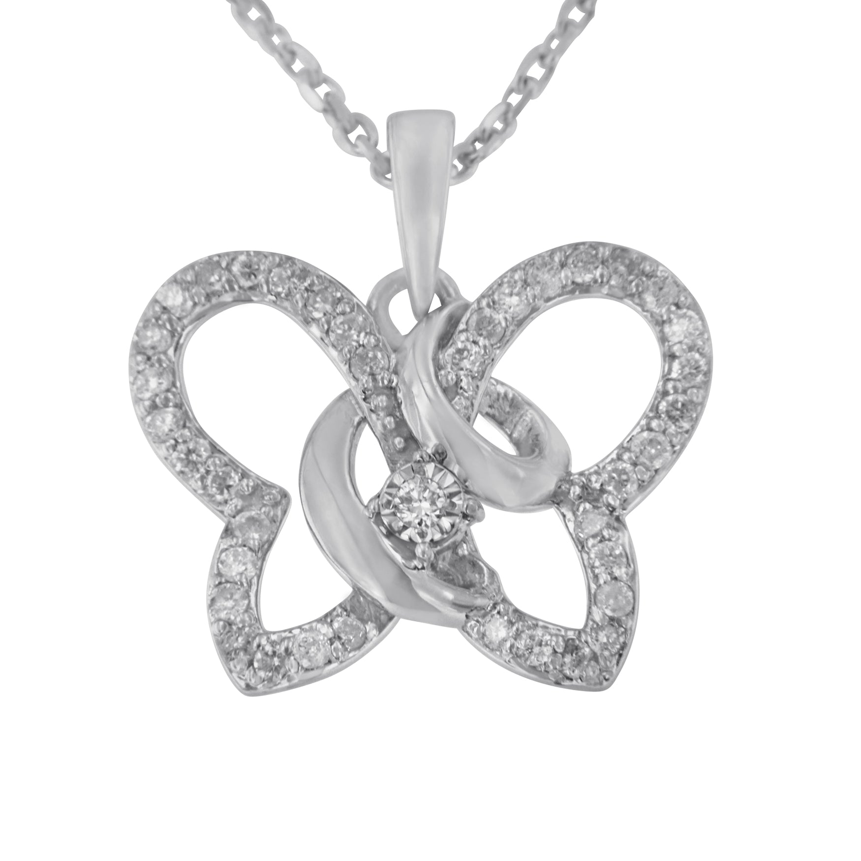 .925 Sterling Silver 1/4 cttw Prong-Set Diamond Butterfly 18" Pendant Necklace (H-I Color, I1-I2 Clarity)-0