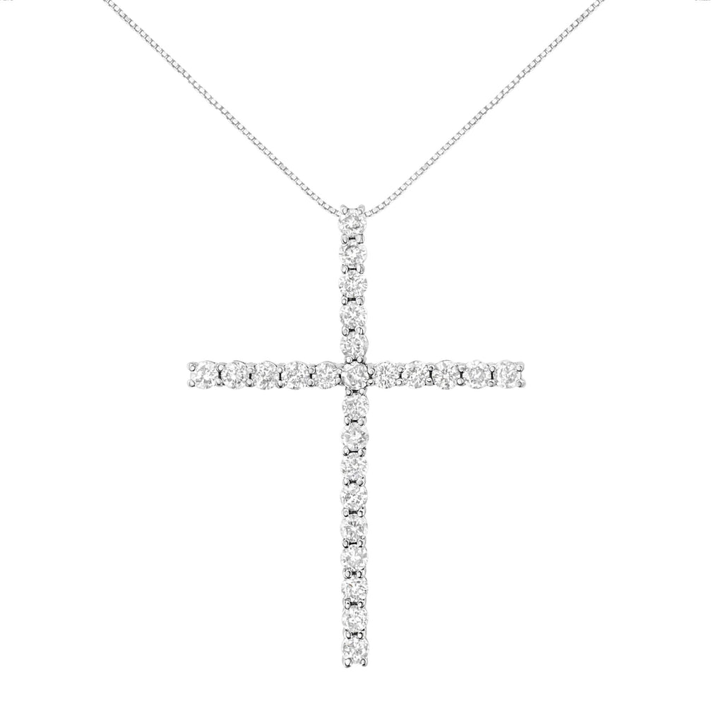 .925 Sterling Silver 3.0 Cttw Round Shape Diamond 1-1/2" Cross Pendant with Box Chain Necklace (J-K Color, I2-I3 Clarity) - 18"-0