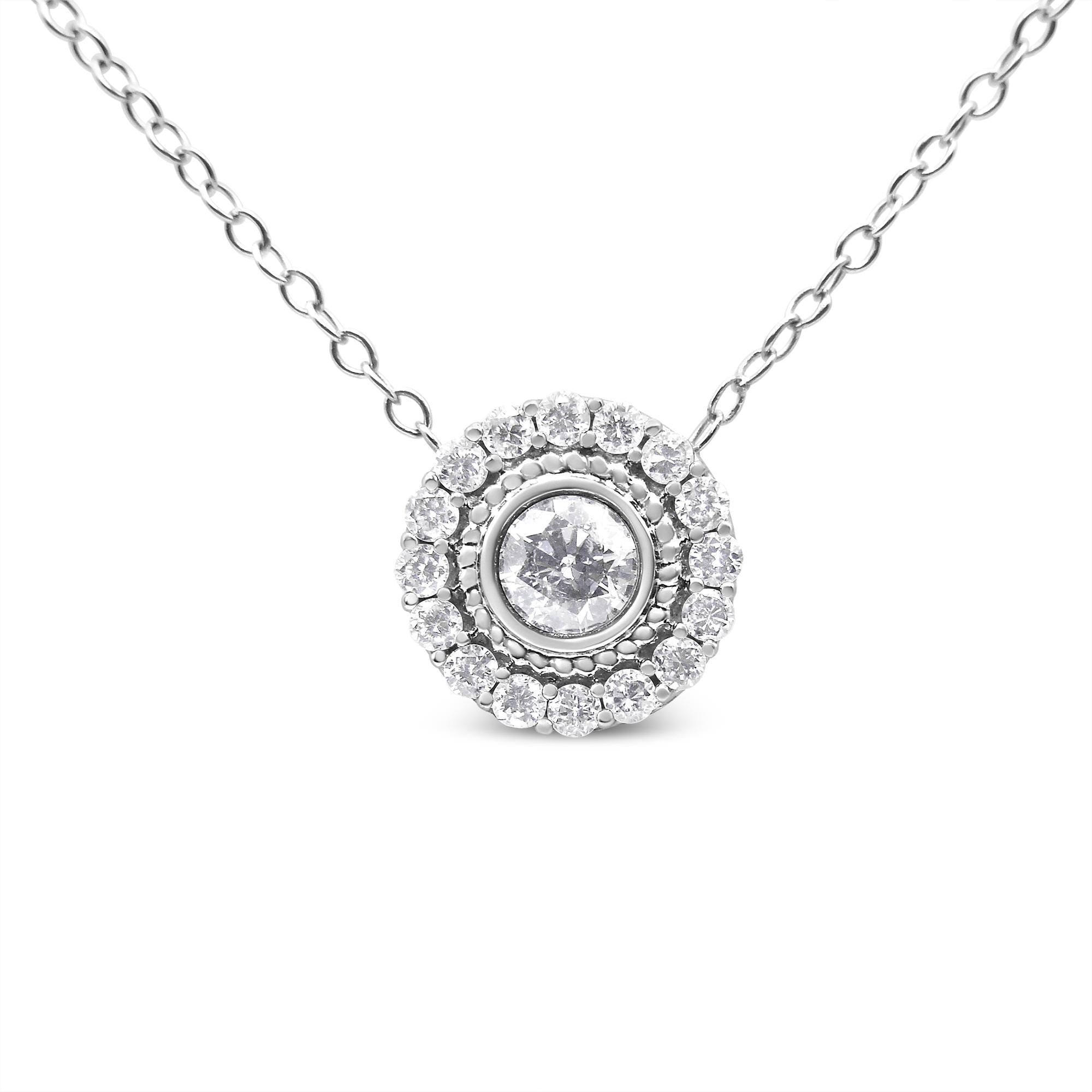 .925 Sterling Silver 1/2 Cttw Round Diamond Halo Circle Pendant 18" Necklace (I-J Color, I2-I3 Clarity)-0