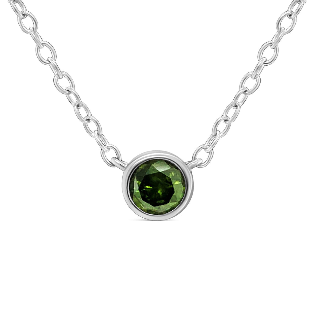 .925 Sterling Silver 1/5 Cttw Treated Green Diamond Solitaire Bezel 18" Pendant Necklace (Green Color, I1-I2 Clarity)-0