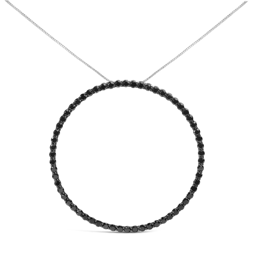 .925 Sterling Silver Black Diamond Open Hoop Circle 18" Pendant Necklace (Black Color, I2-I3 Clarity)-1