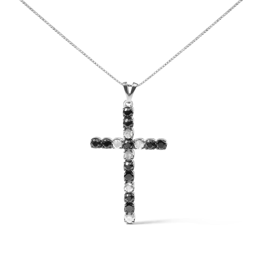 .925 Sterling Silver 1.0 Cttw Black and White Diamond Alternating Classic Cross 18" Pendant Necklace (Black/I-J Color, I3 Clarity)"-0