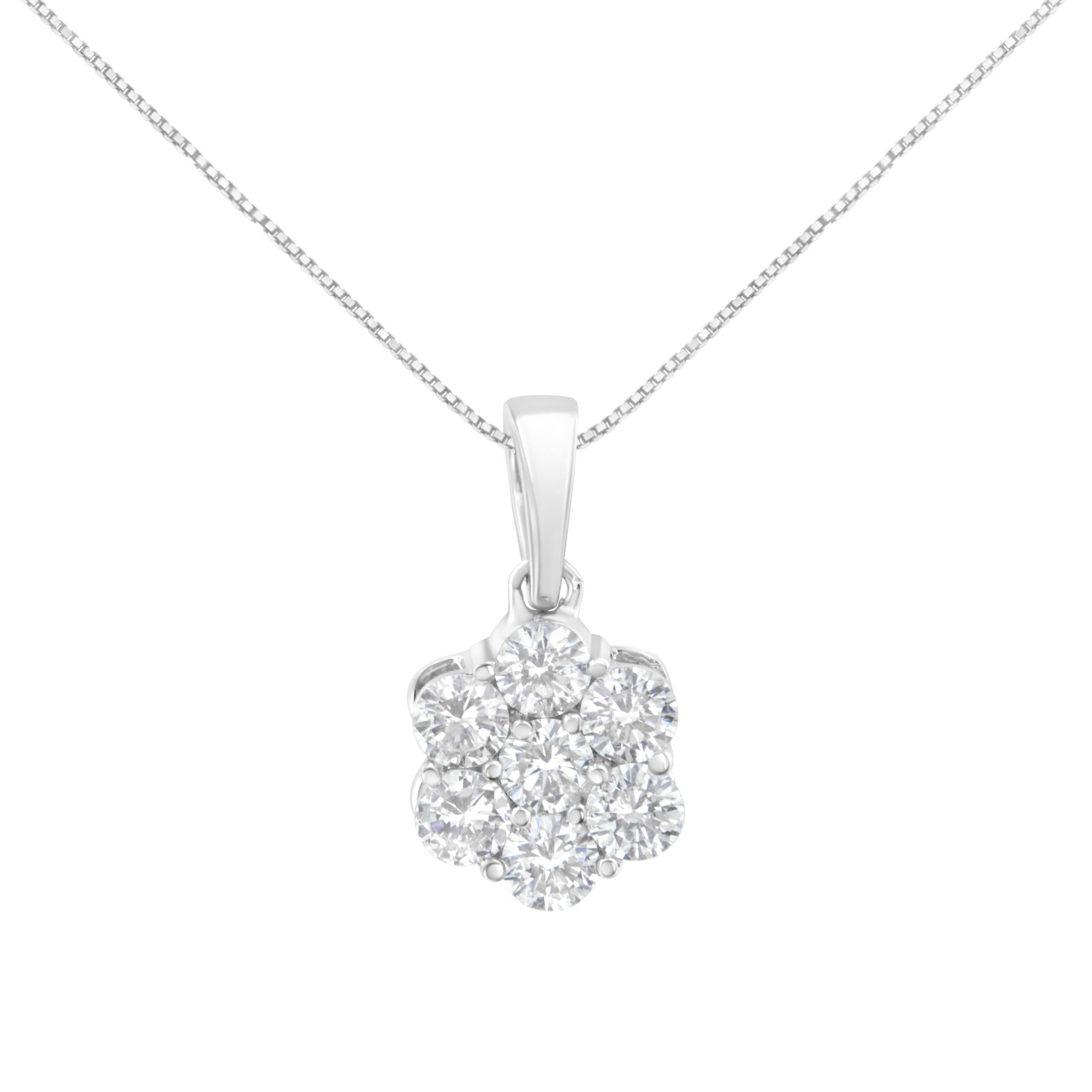 14K White Gold 1 cttw Brilliant Round-Cut Diamond 7 Stone Flower 18" Pendant Necklace (F-G Color, VS1-VS2 Clarity)-0