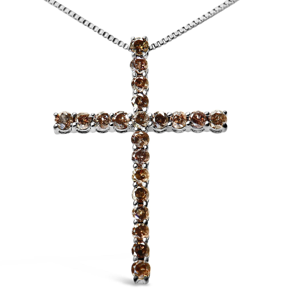.925 Sterling Silver 1.0 Cttw Champagne Diamond Gold Cross Pendant Necklace for Women (Champagne Color, I1-I2 Clarity)- 18 inch-1