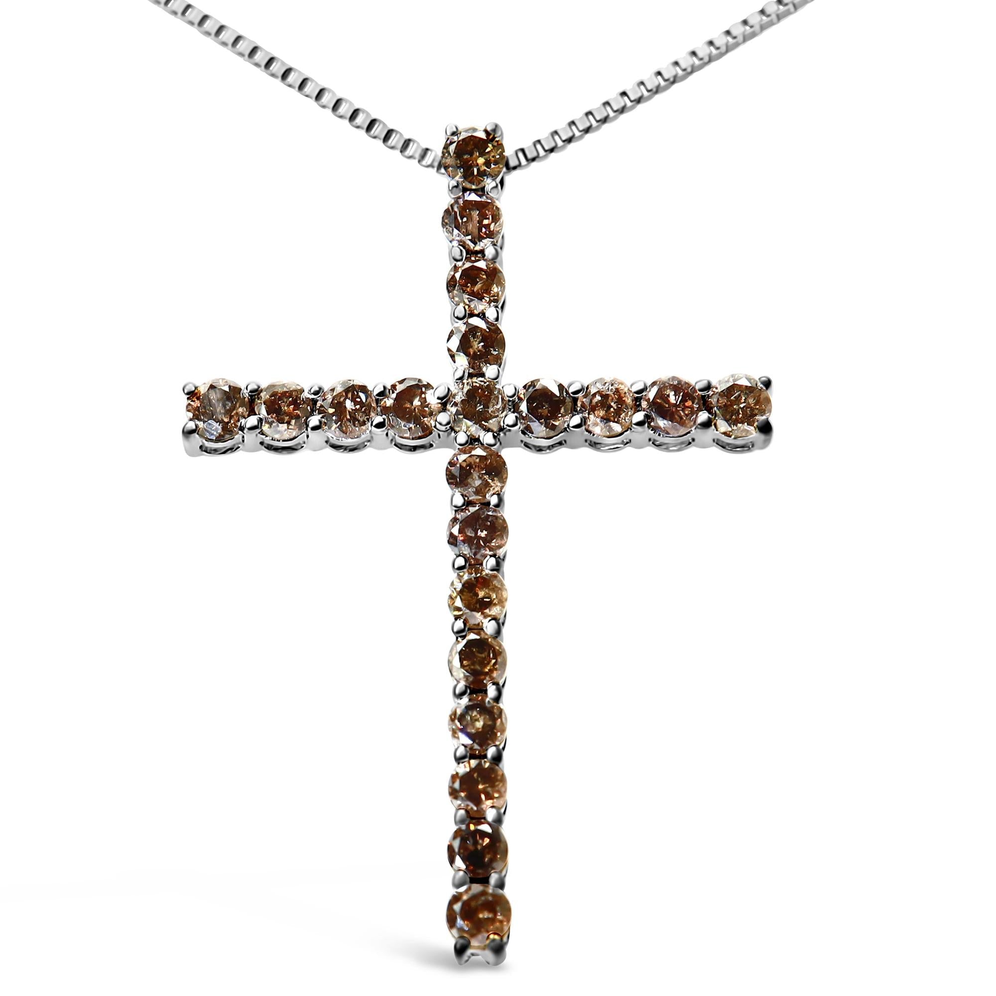 .925 Sterling Silver 1.0 Cttw Champagne Diamond Gold Cross Pendant Necklace for Women (Champagne Color, I1-I2 Clarity)- 18 inch-1