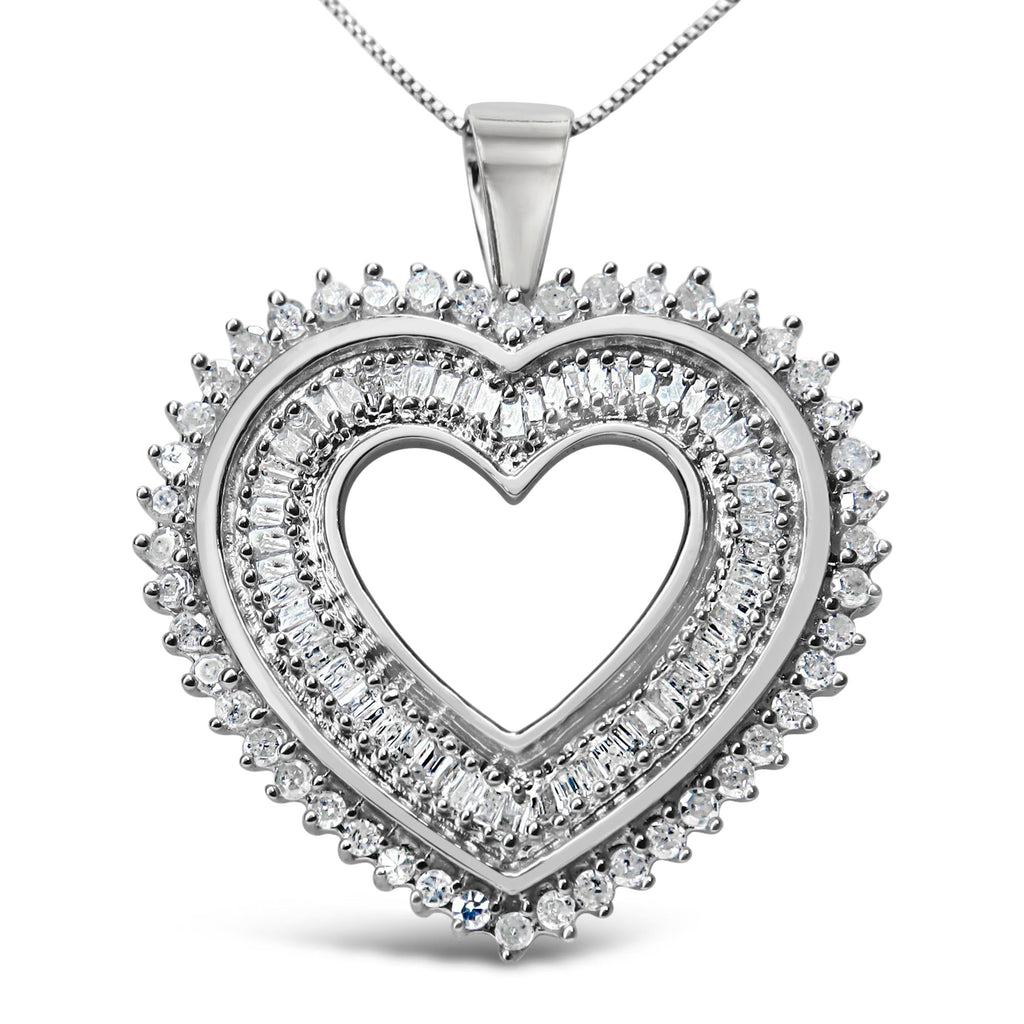 .925 Sterling Silver 1.0 Cttw Baguette and Round Diamond  Heart Pendant 18" Necklace (H-I Color, I3 Clarity)-0
