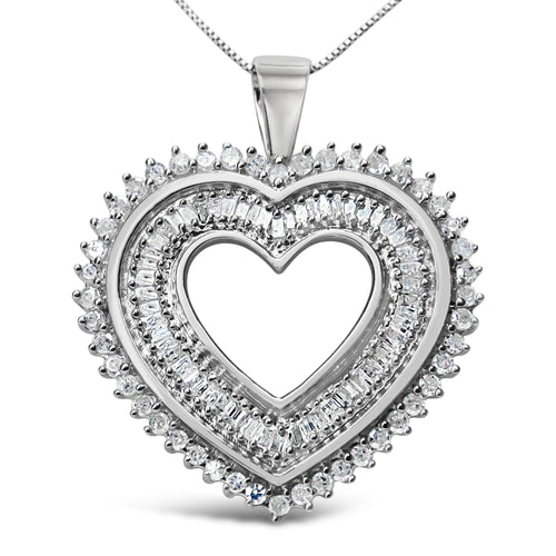 .925 Sterling Silver 1.0 Cttw Baguette and Round Diamond  Heart Pendant 18" Necklace (H-I Color, I3 Clarity)-0