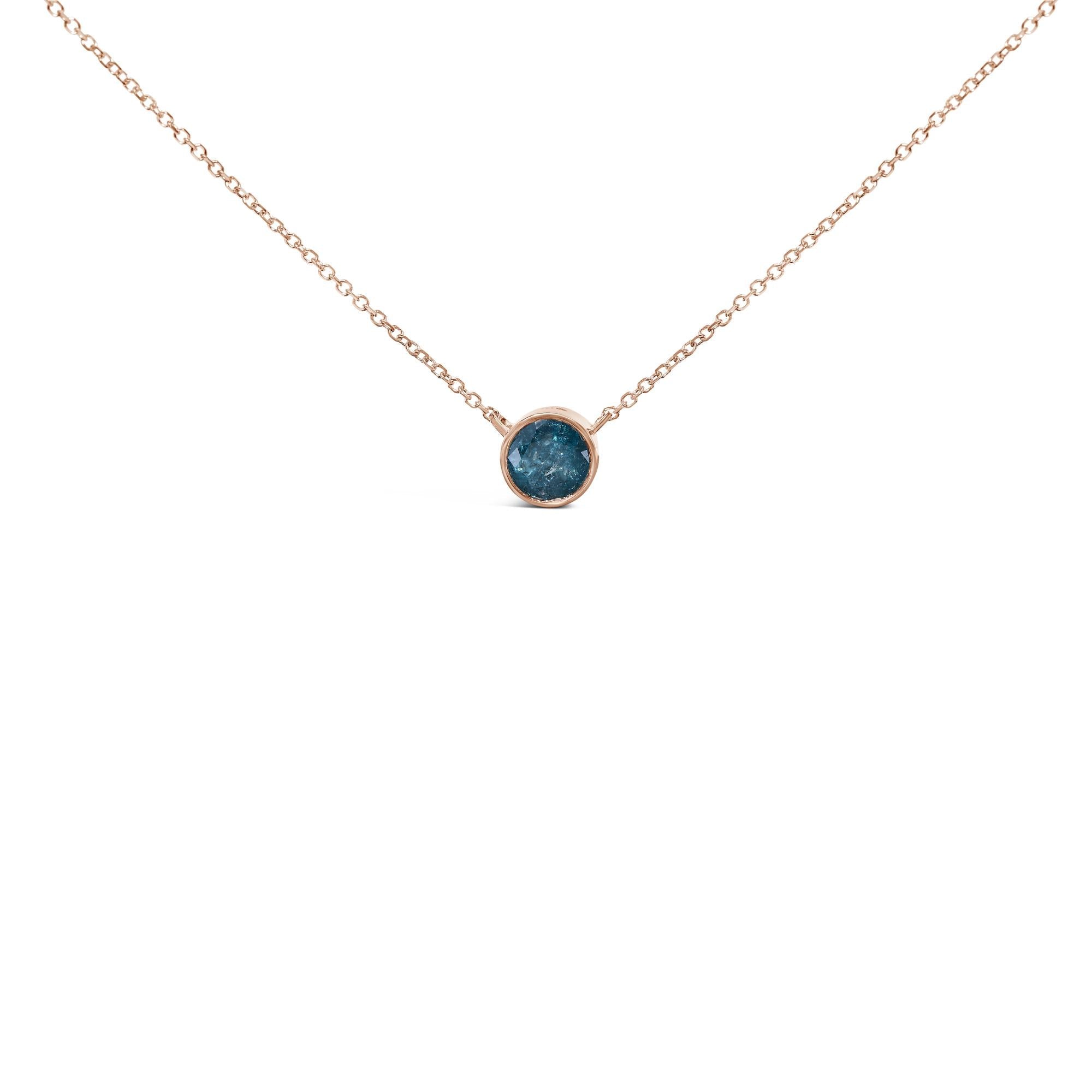 14K Rose Gold 2.0 Cttw Bezel Set Blue Diamond Solitaire Pendant Necklace  - 18" Inches-0