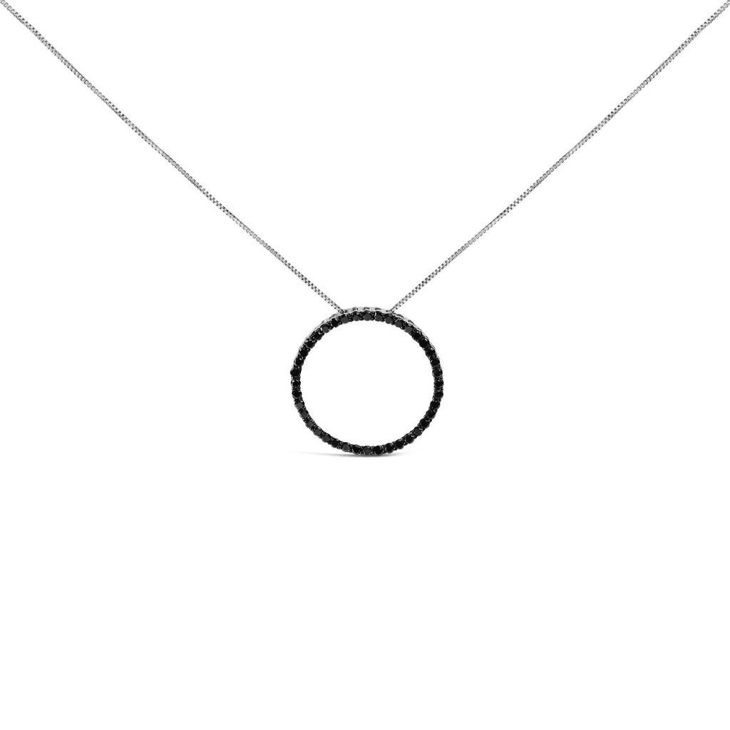 .925 Sterling Silver Black Diamond Open Hoop Circle 18" Pendant Necklace (Black Color, I2-I3 Clarity)-2