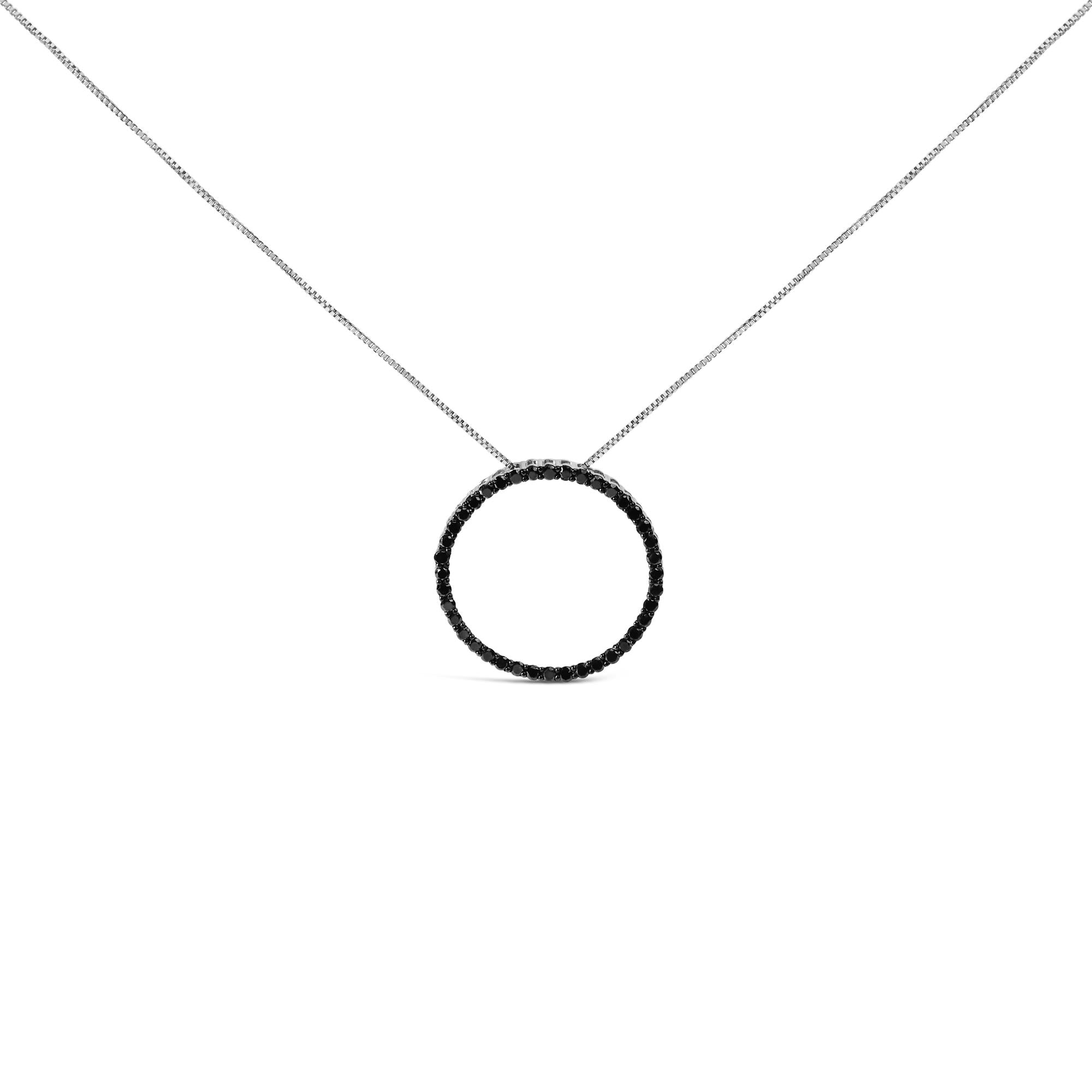 .925 Sterling Silver Black Diamond Open Hoop Circle 18" Pendant Necklace (Black Color, I2-I3 Clarity)-2
