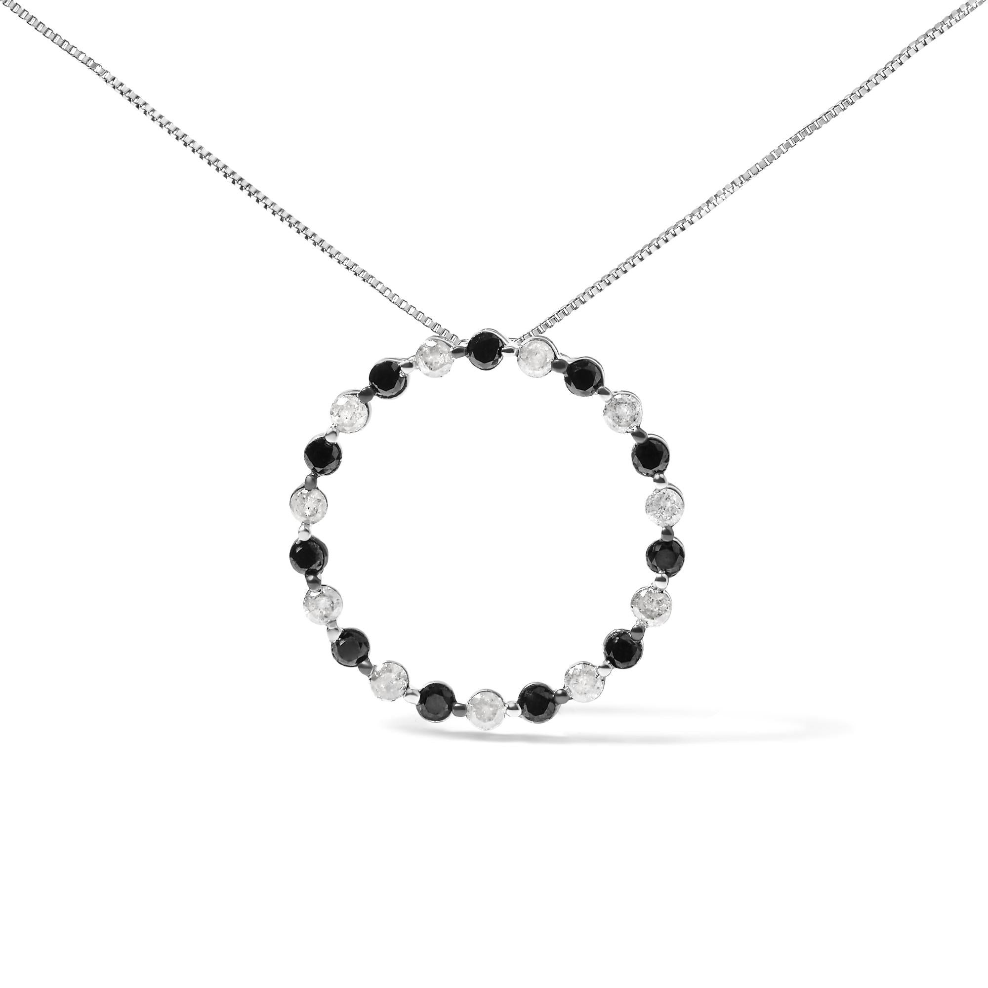 .925 Sterling Silver 1 3/4 Cttw Alternating Black and White Diamond Open Circle Hoop Pendant Necklace (H-I Color, I2-I3 Clarity) - 18" Inches-0