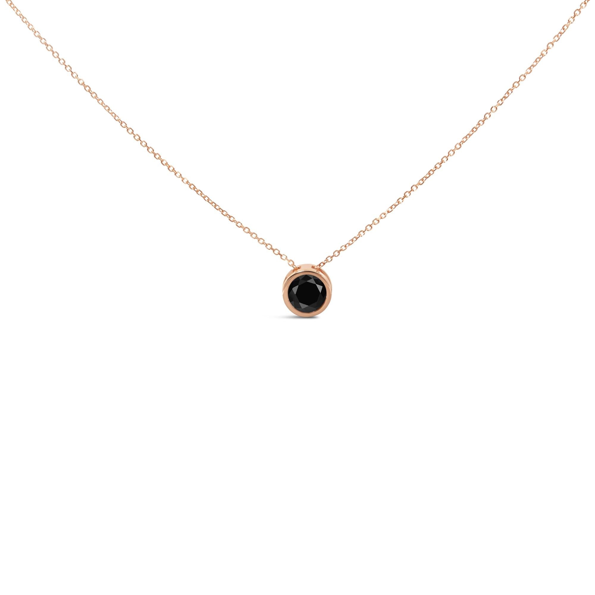 14K Rose Gold Bezel-Set Black Round Diamond Solitaire Pendant Necklace (Black Color, I2-I3 Clarity) - 18"-0