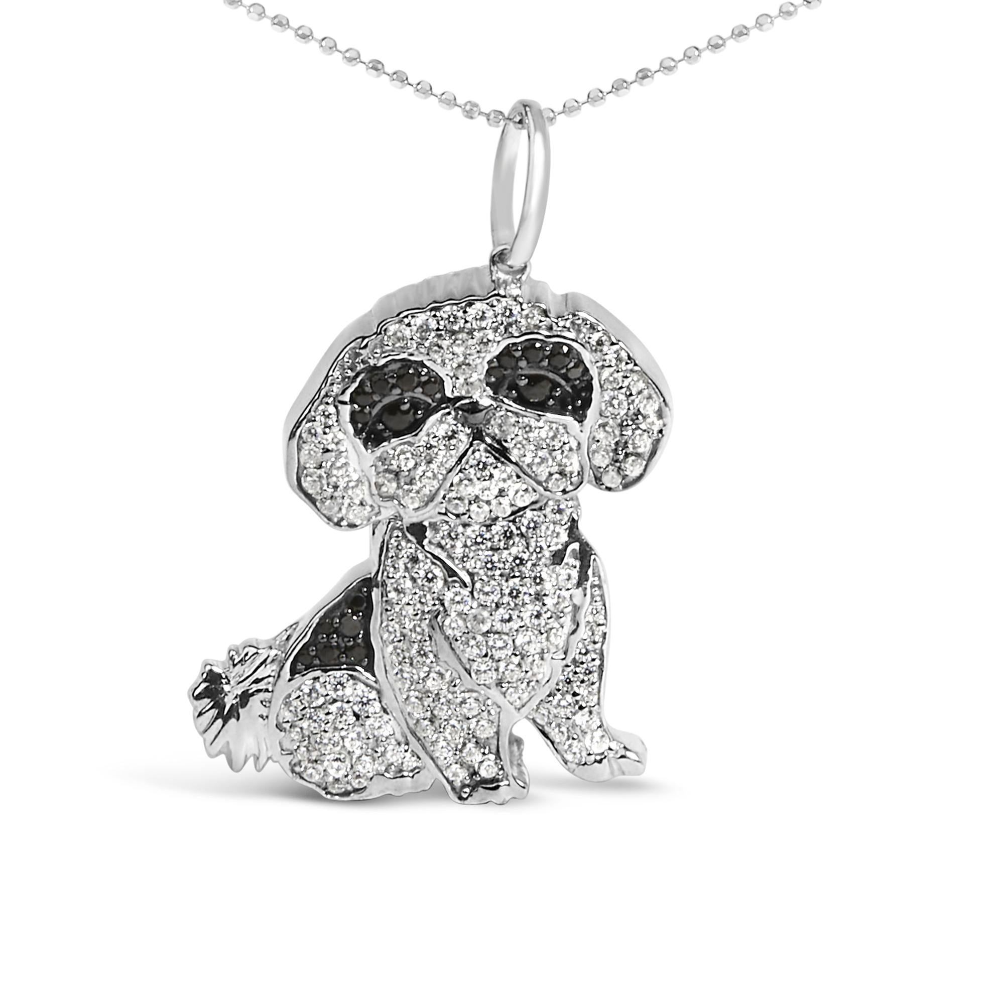 .925 Sterling Silver 1 1/4 Cttw Diamond Shih Tzu Dog Pendant Necklace 18 inch (Black and I-J Color, I2-I3 Clarity)-0