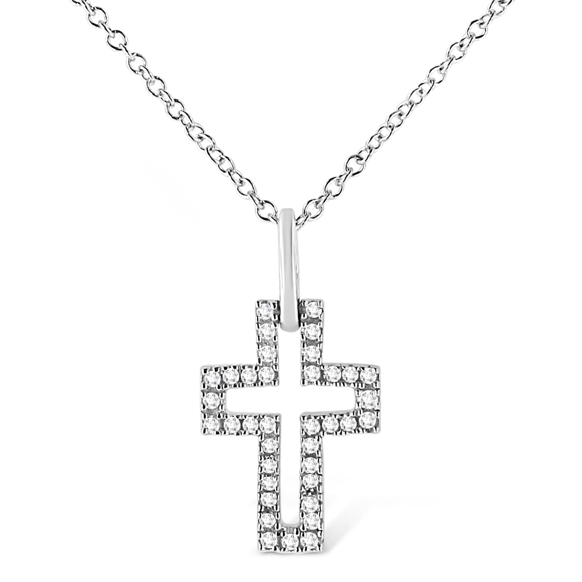 .925 Sterling Silver 1/10 cttw Pave-Set Round-Cut Diamond Open Cross 18" Pendant Necklace (I-J Color, I1-2 Clarity)-0