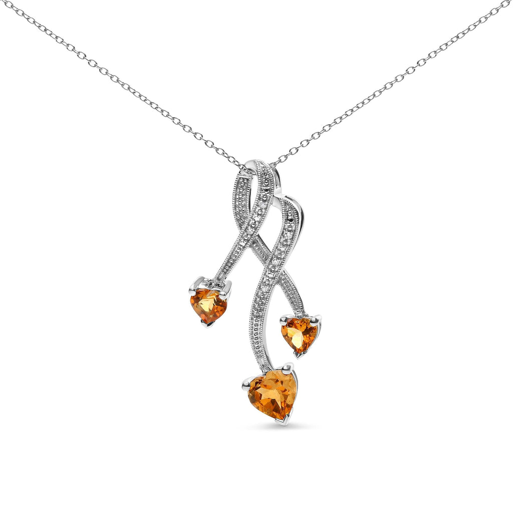 .925 Sterling Silver 3-Stone Heart Shape Citrine and Diamond Accent Spiral Drop 18" Pendant Necklace (H-I Color, SI1-SI2 Clarity)-0