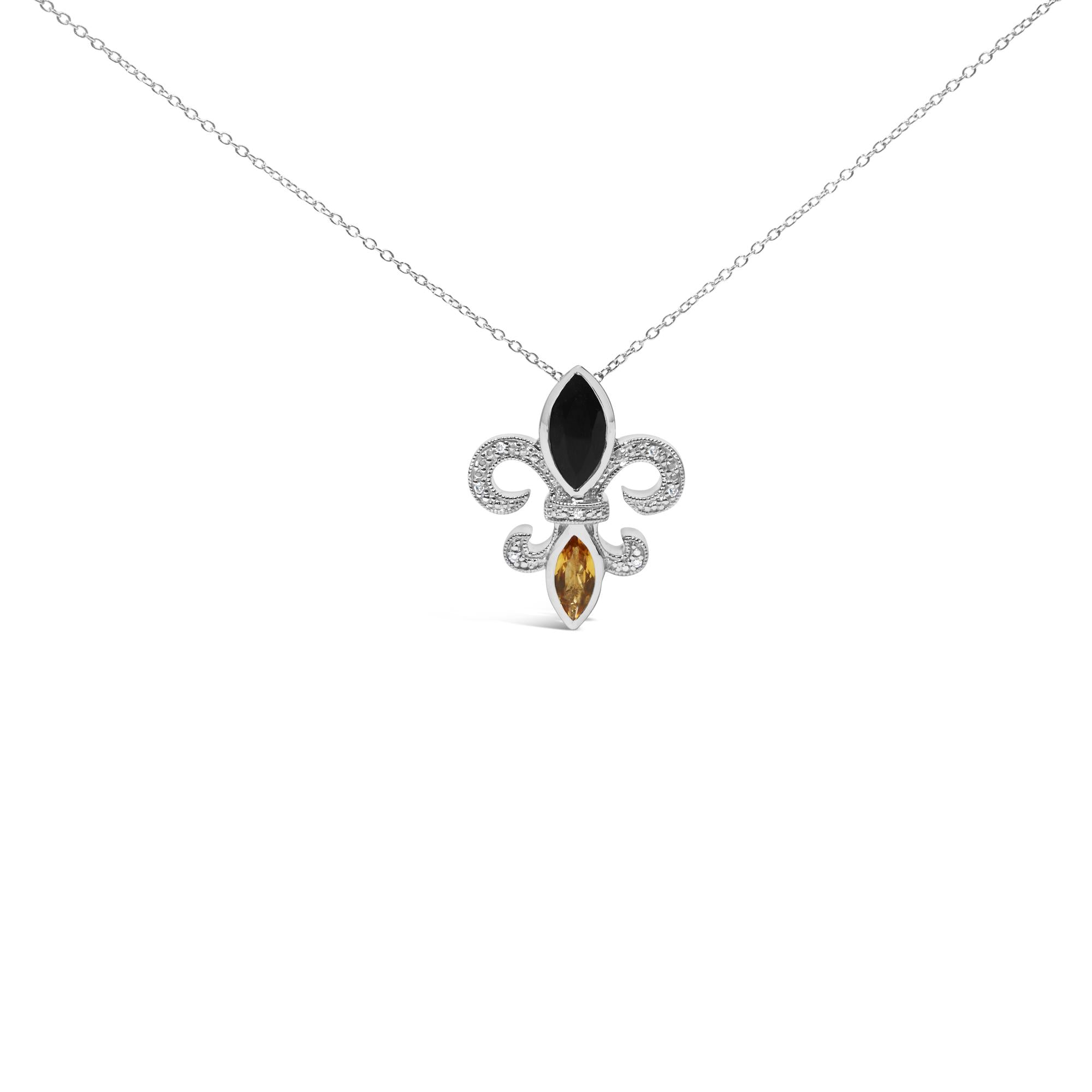 .925 Sterling Silver Marquise Onyx and Citrine and Diamond Accent Fleur De Lis Pendant Necklace (H-I Color, SI1-SI2 Clarity) - 18"-0