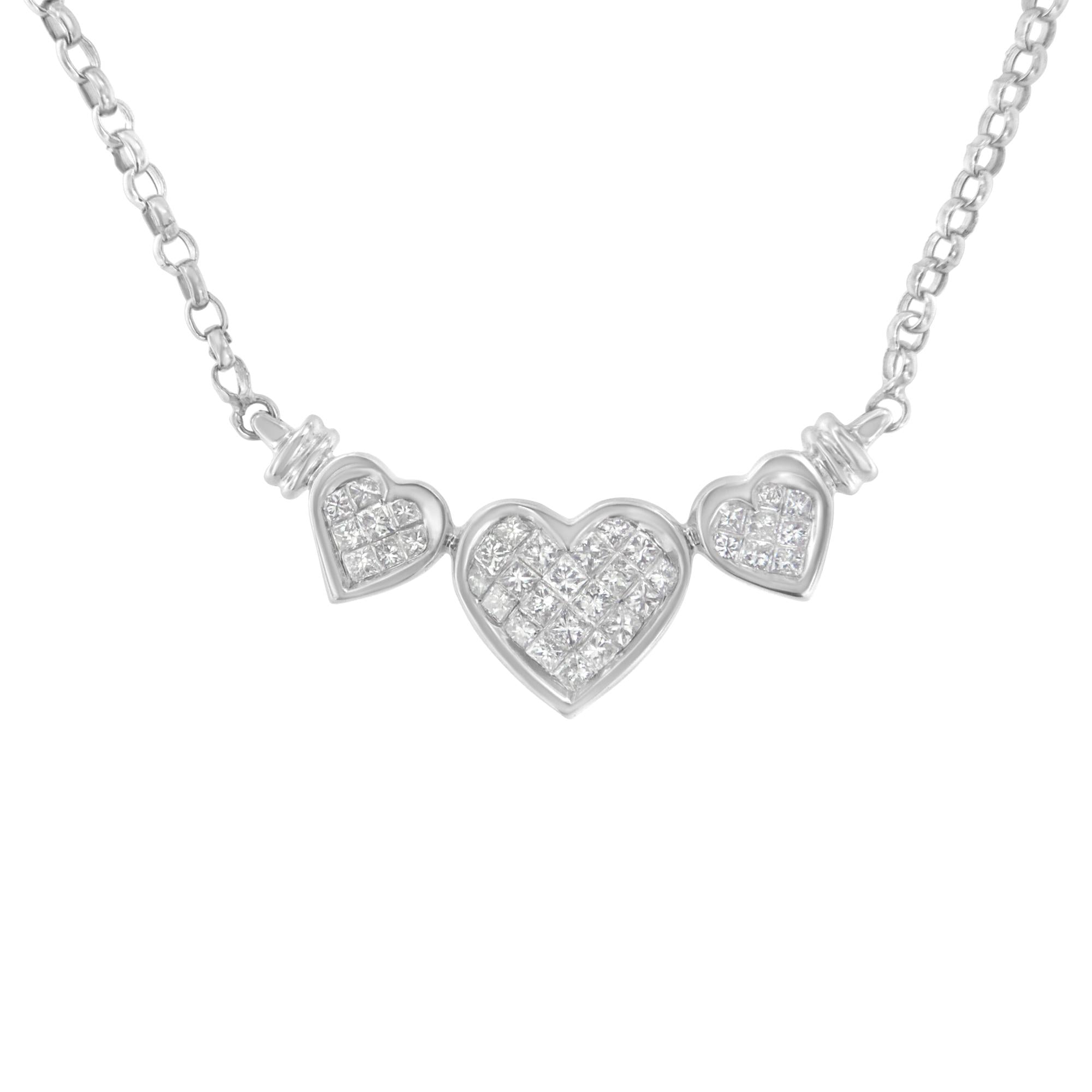 14K White Gold 1.0 Cttw Princess Cut Diamond Three Heart 18" Statement Pendant Necklace (H-I Color, SI2-I1 Clarity)-0