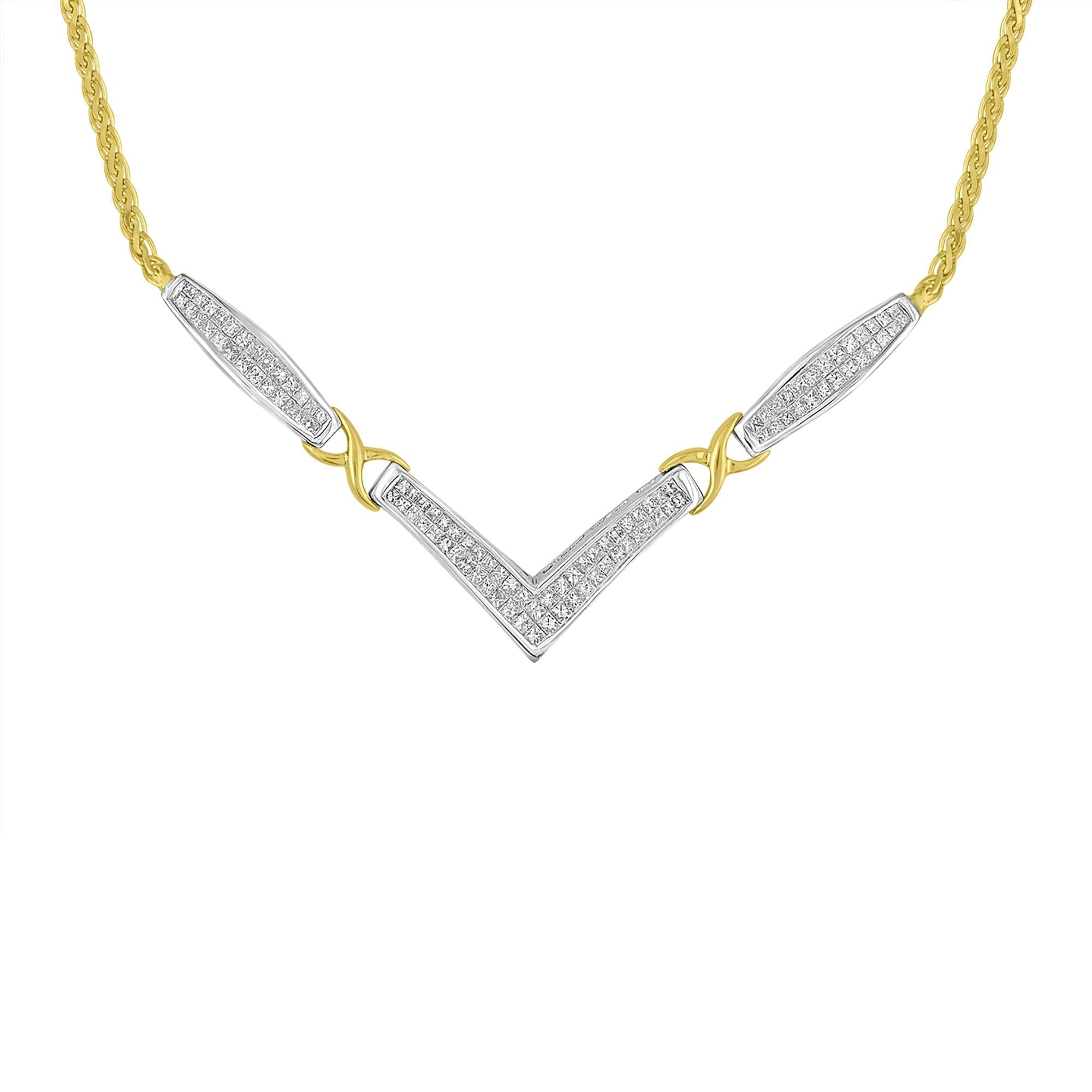 14K Yellow and White Gold 2.0 Cttw Princess Cut Diamond Flared and X-Station V Shaped 18” Franco Chain Statement Necklace (H-I Color, SI2-I1 Clarity)-0