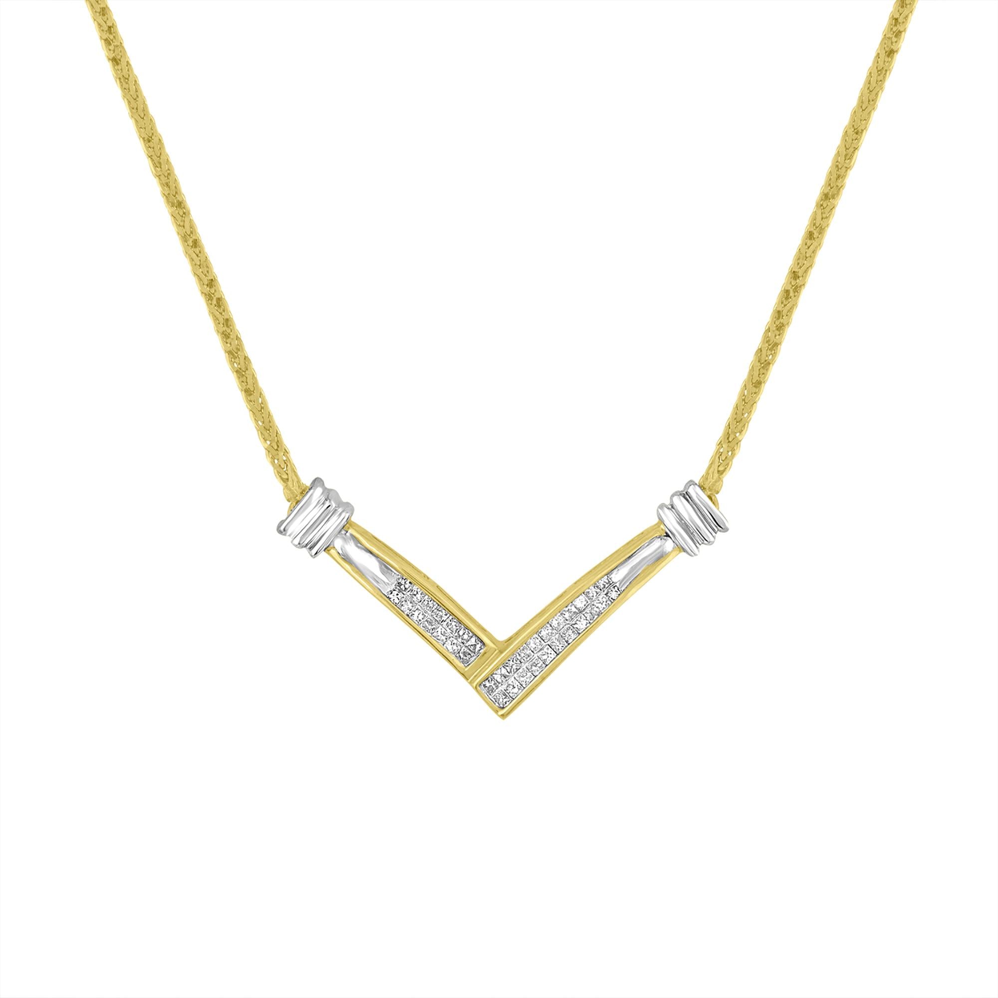 14K Yellow and White Gold 1/4 Cttw Princess Cut Diamond Channel-Set “V” Shape 18" Pendant Necklace (H-I Color, SI2-I1 Clarity)-0